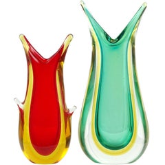 Murano Sommerso Red Yellow Green Italian Midcentury Art Glass Flower Vases