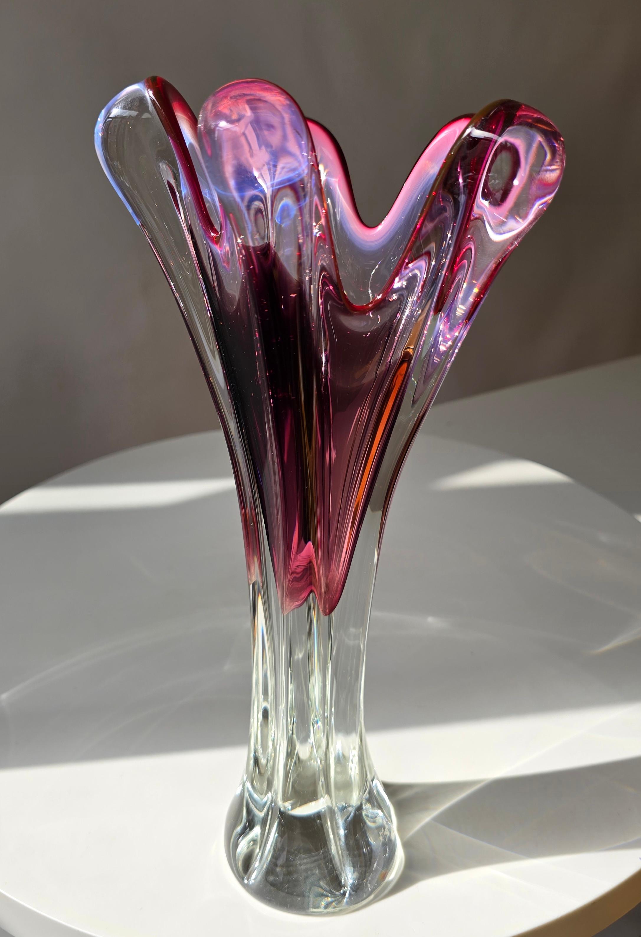 Mid-Century Modern Murano Sommerso Ruby Red Glass Vase with Five Lobes, Italy, 1960s For Sale