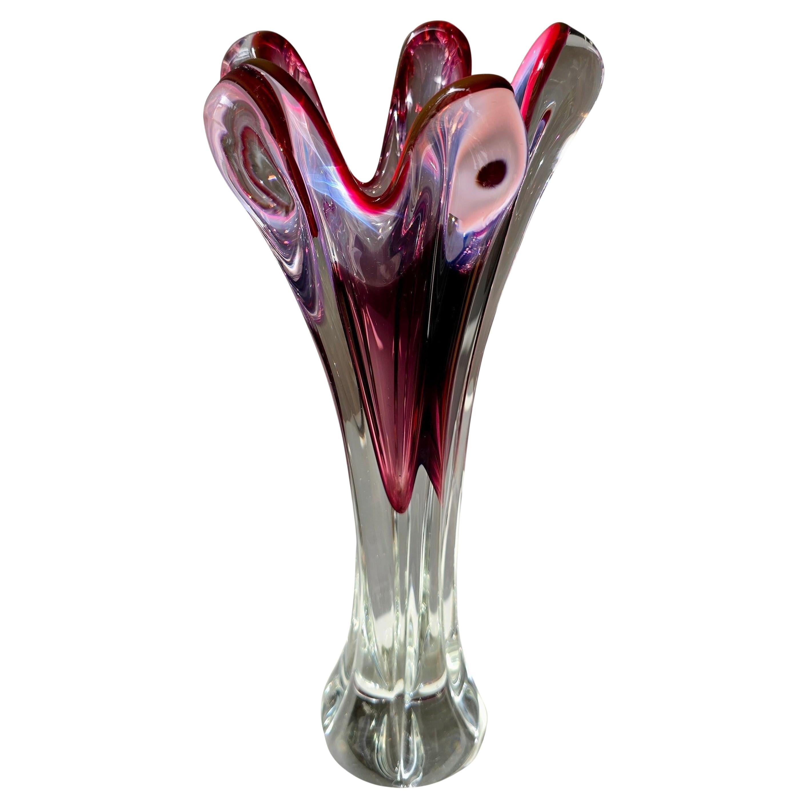 Murano Sommerso Ruby Red Glass Vase with Five Lobes, Italy, 1960s For Sale