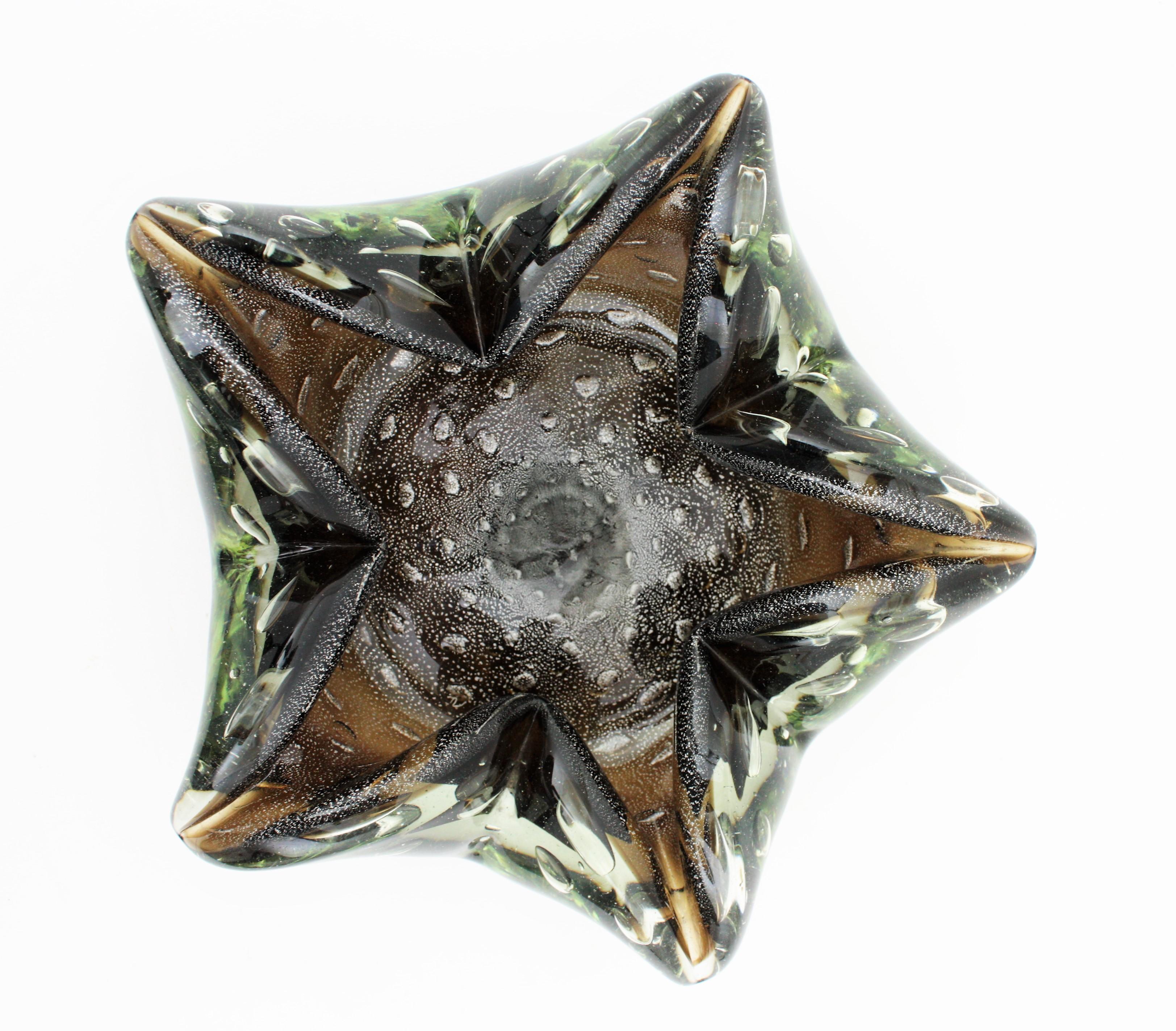 20th Century Murano Sommerso Smoke Brown Star Shaped Art Glass Bowl with Silver Flecks For Sale