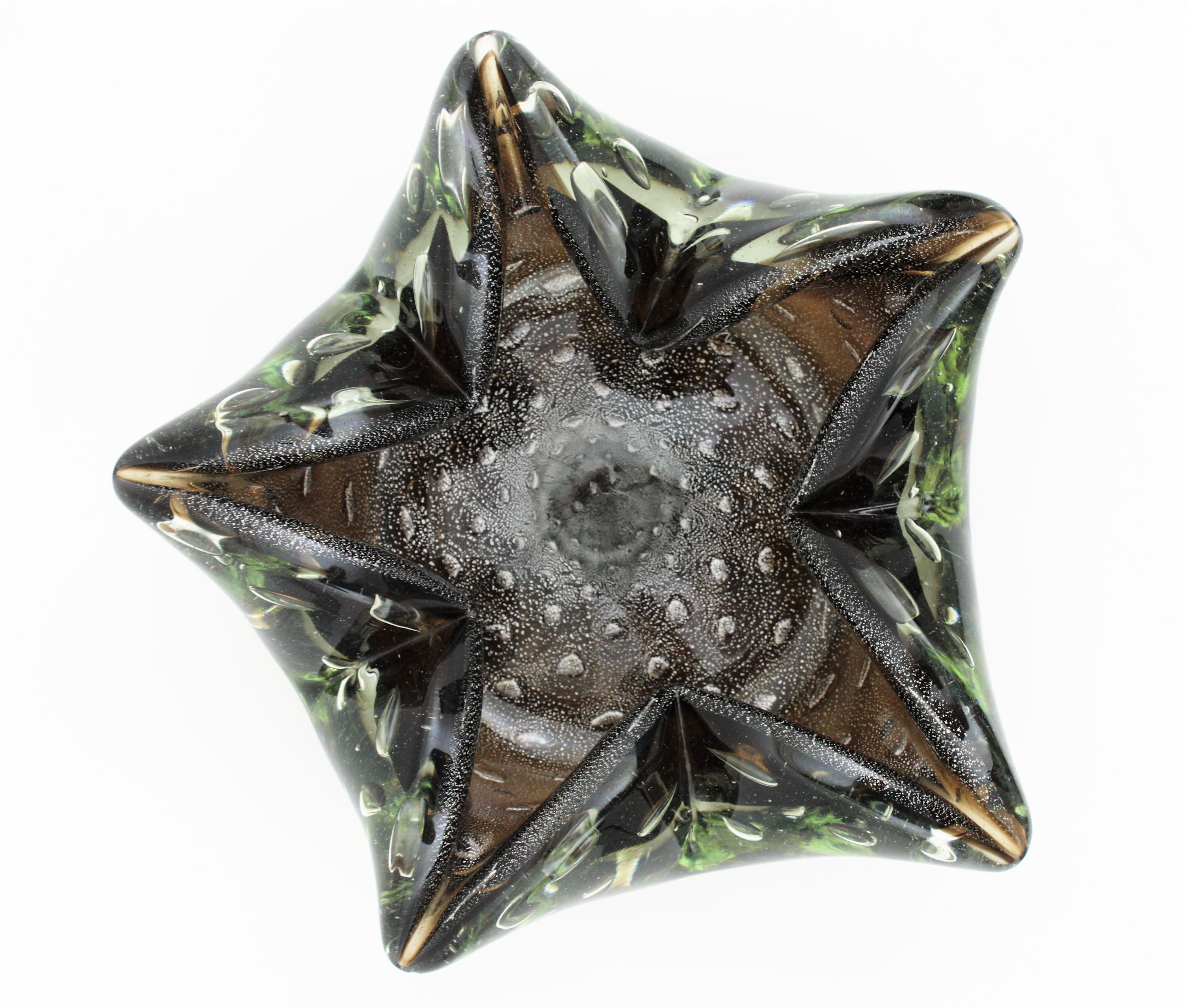 Mid-Century Modern Murano Sommerso Smoke Brown Star Shaped Art Glass Bowl with Silver Flecks For Sale