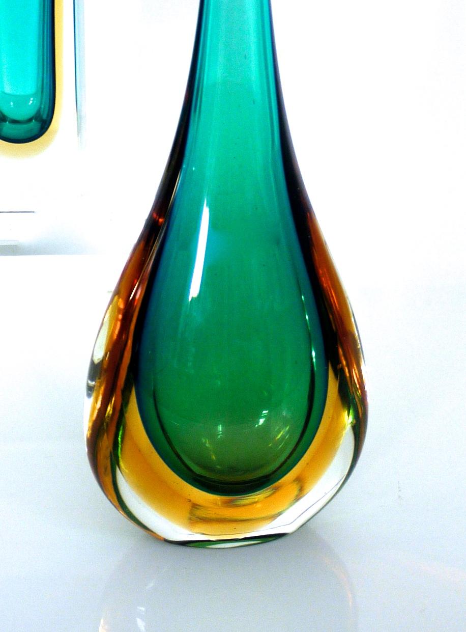 Murano Sommerso Tear Drop and Mandruzzato Pillar Vase, Jade Green and Yellow In Good Condition For Sale In Halstead, GB
