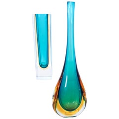 Murano Sommerso Tear Drop and Mandruzzato Pillar Vase, Jade Green and Yellow