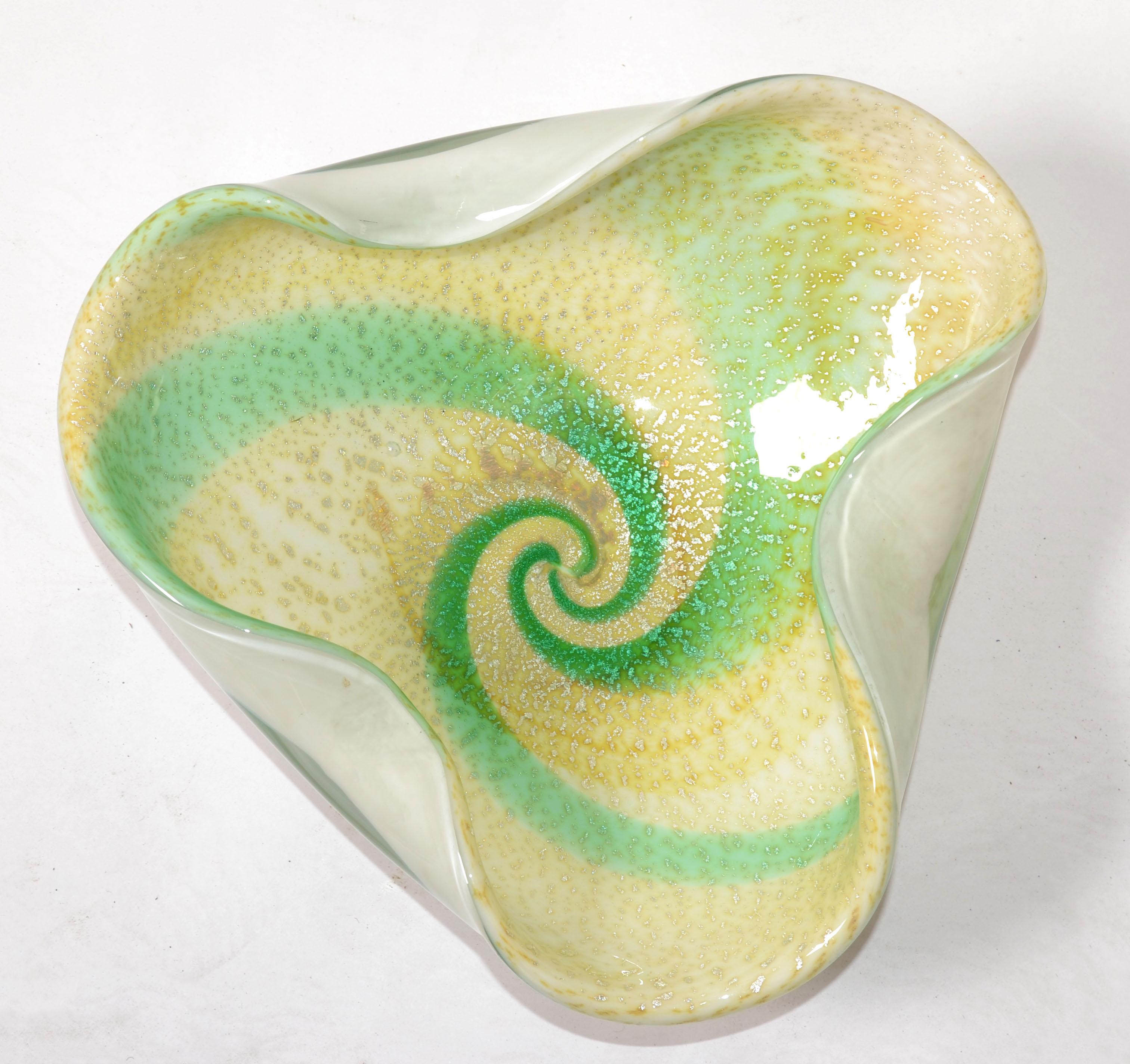 Murano Sommerso Triple Cased Green Swirl White Beige Gold Dust Glass Bowl Italy For Sale 4