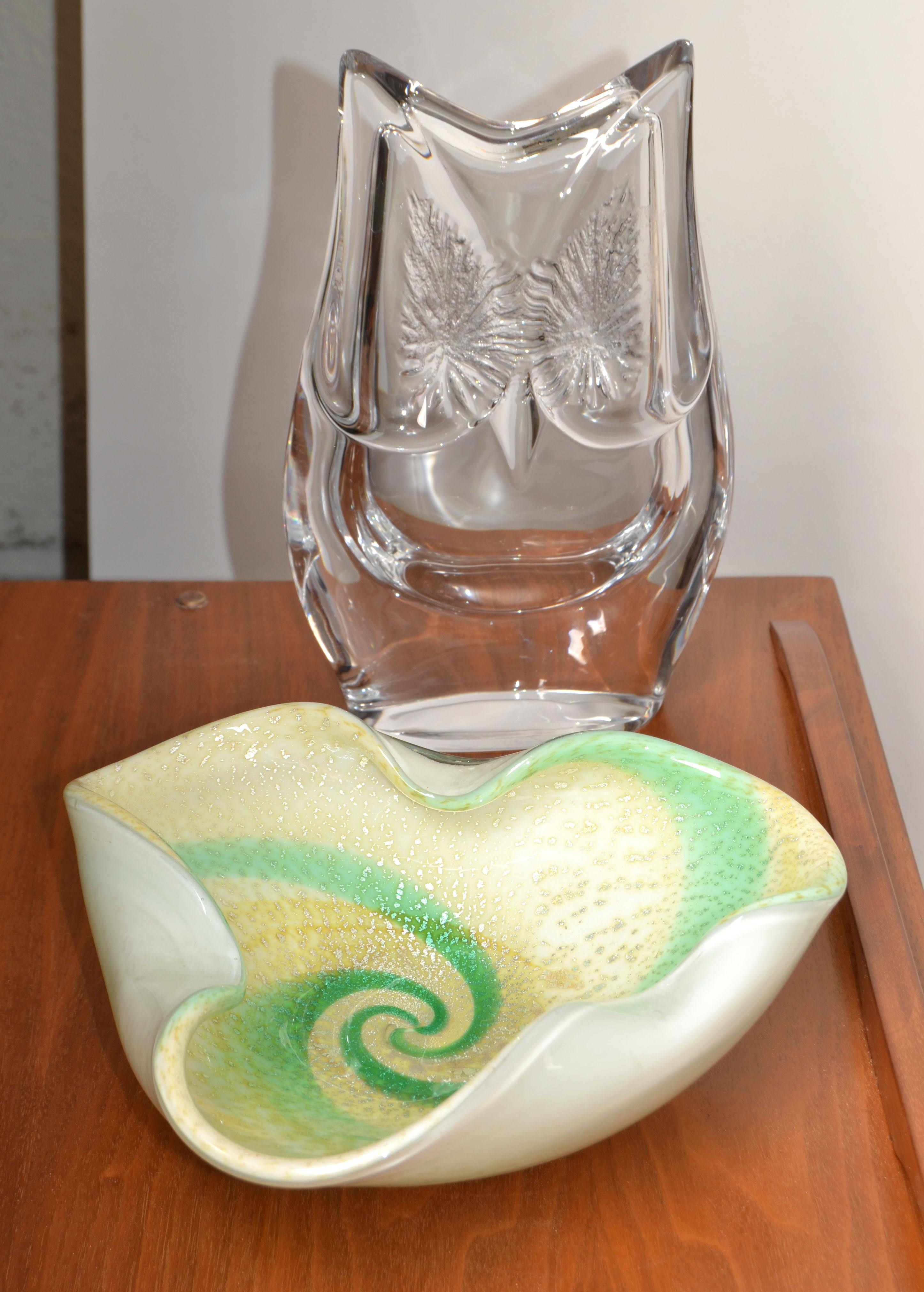 Murano Sommerso Triple Cased Green Swirl White Beige Gold Dust Glass Bowl Italy For Sale 7