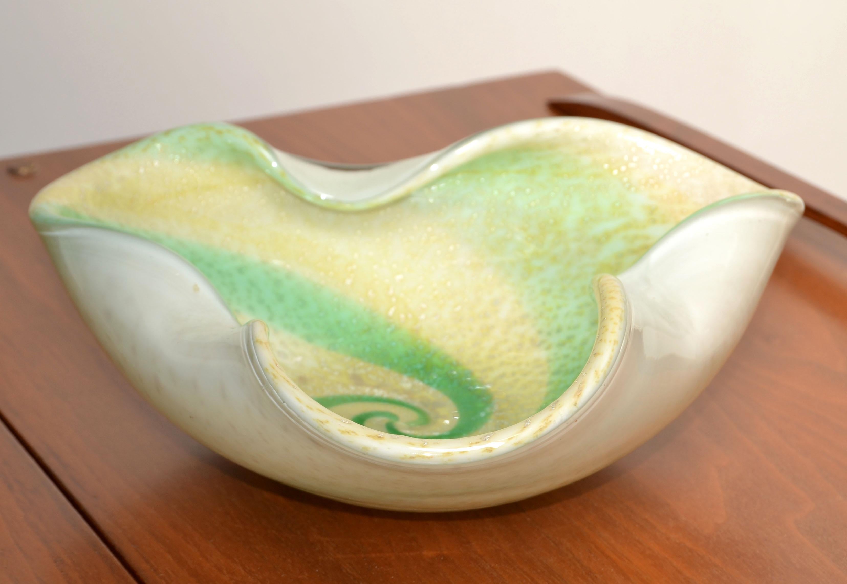 Italian Mid-Century Modern Murano triple cased white, beige, green swirl & gold dust blown glass bowl, catchall, vide poche or ashtray in the Style of Seguso Vetri d'Arte from the Murano Sommerso Workshop. 
Made in the late 1960.
Simply beautiful.
