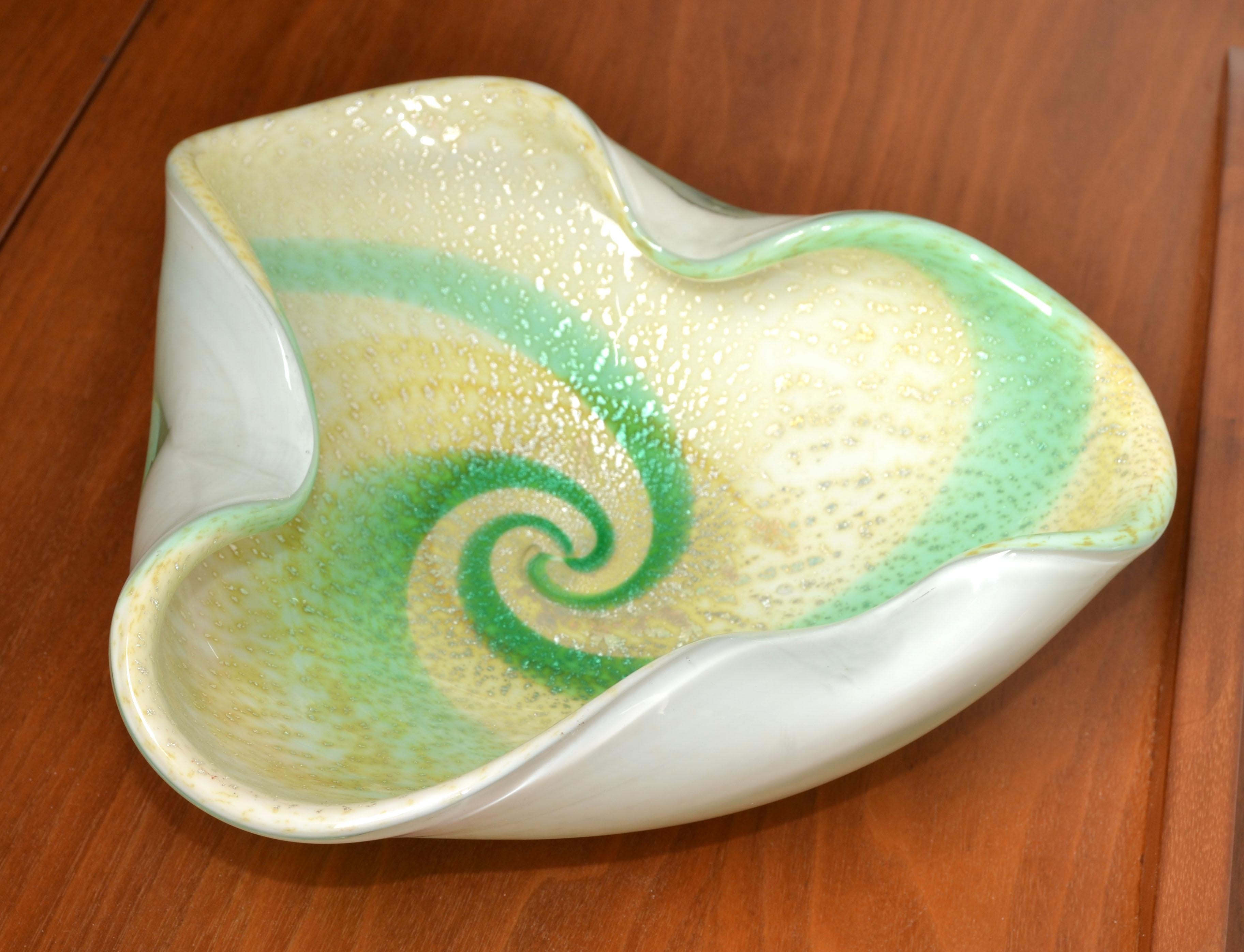Mid-Century Modern Murano Sommerso Triple Cased Green Swirl White Beige Gold Dust Glass Bowl Italy For Sale