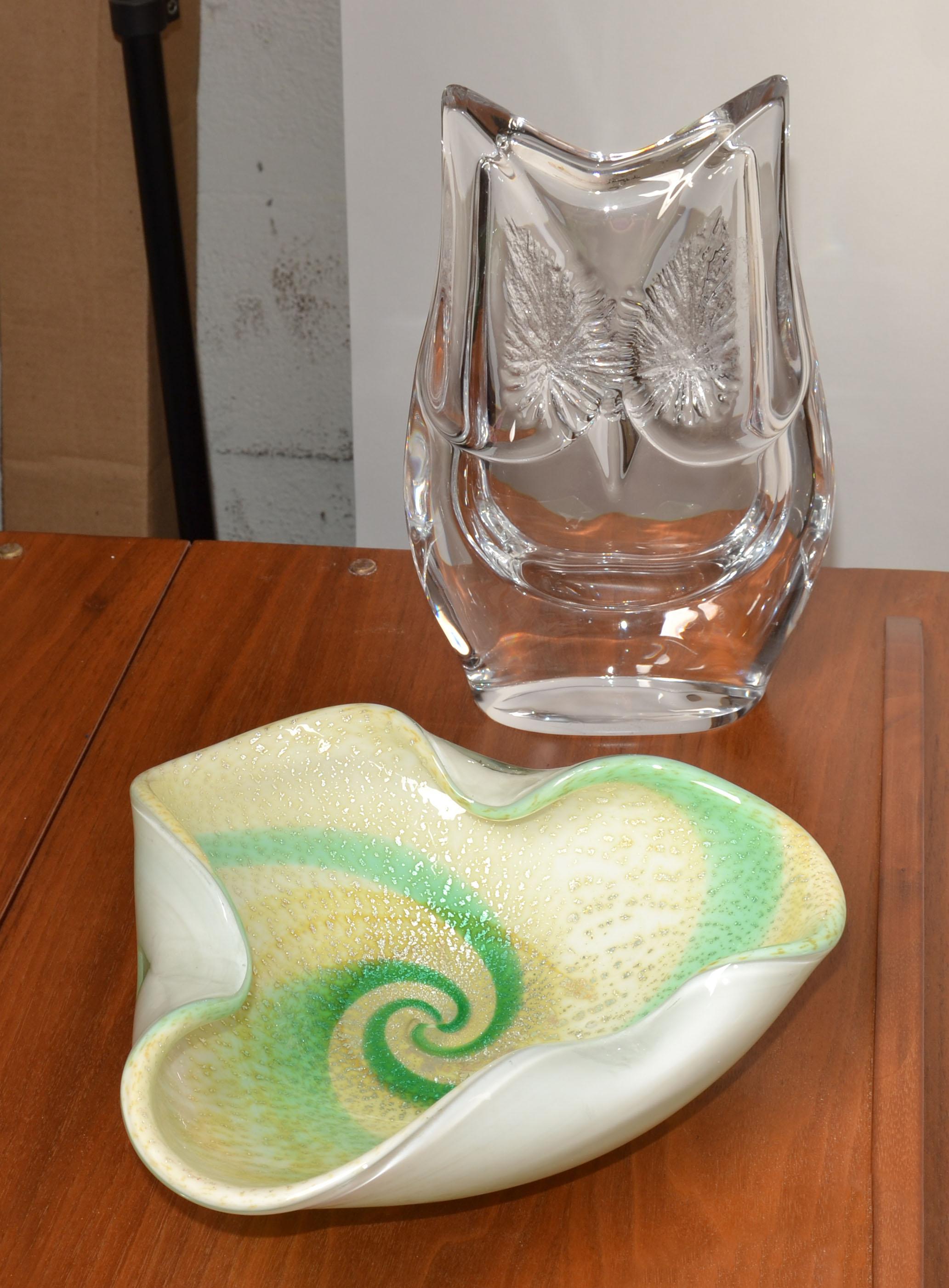 Italian Murano Sommerso Triple Cased Green Swirl White Beige Gold Dust Glass Bowl Italy For Sale