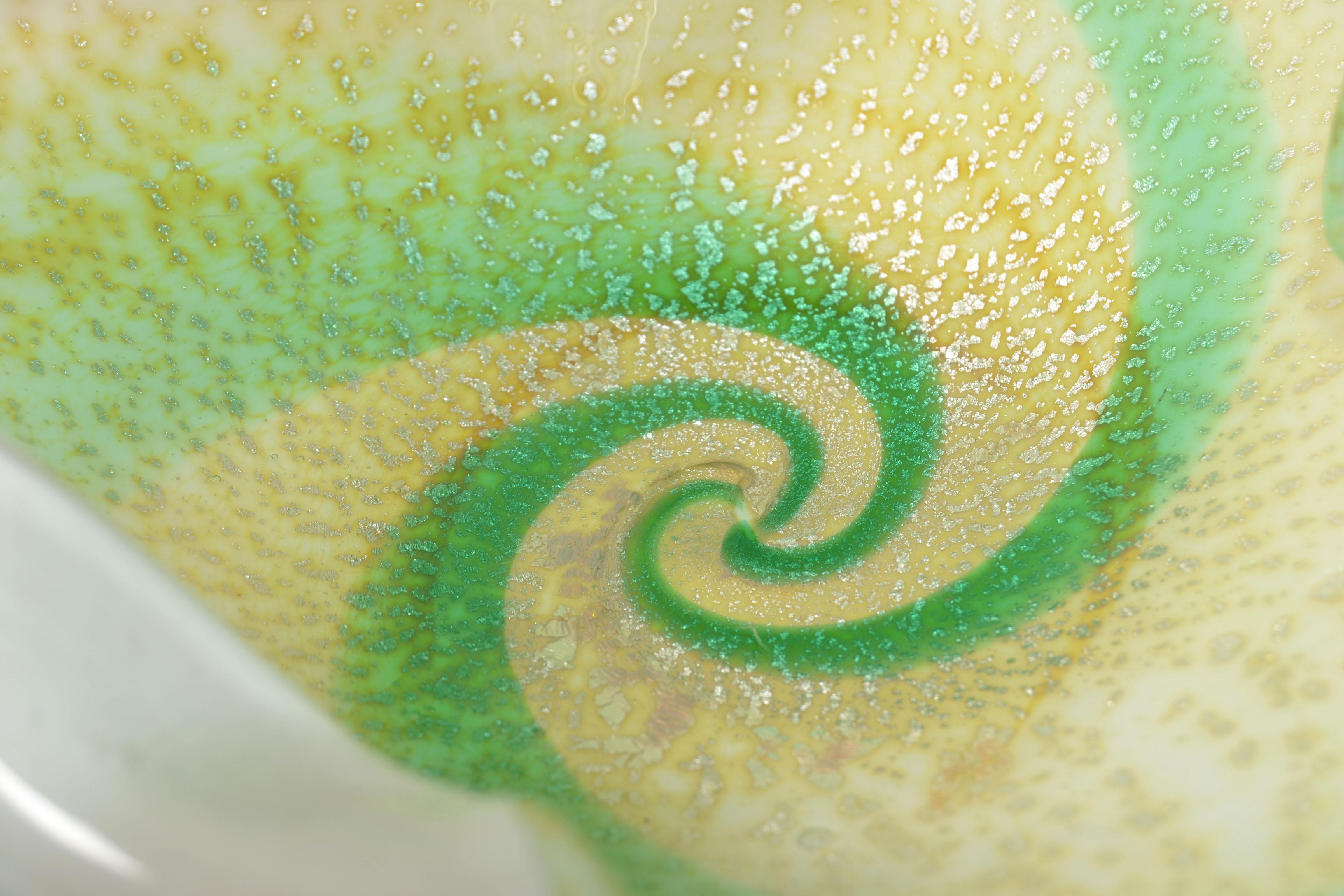 Mid-20th Century Murano Sommerso Triple Cased Green Swirl White Beige Gold Dust Glass Bowl Italy For Sale