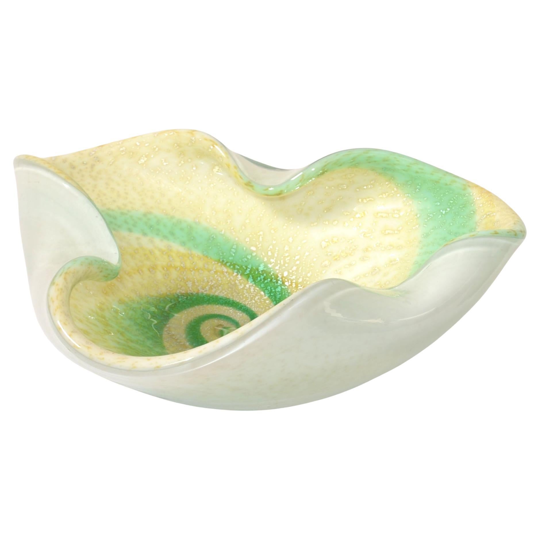 Murano Sommerso Triple Cased Green Swirl White Beige Gold Dust Glass Bowl Italy
