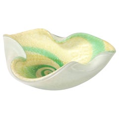 Retro Murano Sommerso Triple Cased Green Swirl White Beige Gold Dust Glass Bowl Italy 
