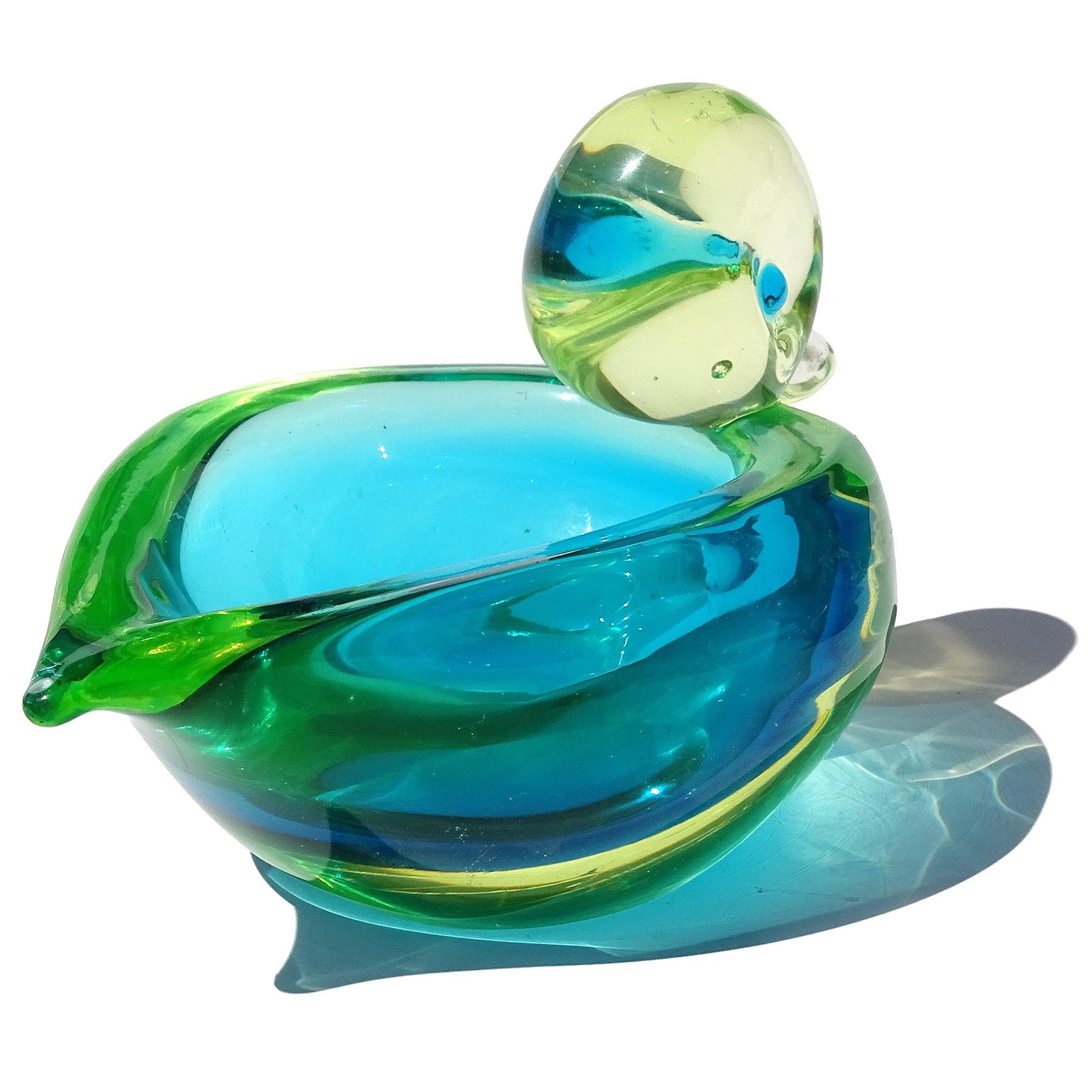 Hand-Crafted Murano Sommerso Uranium Yellow Blue Green Italian Art Glass Bird Duckling Bowl For Sale