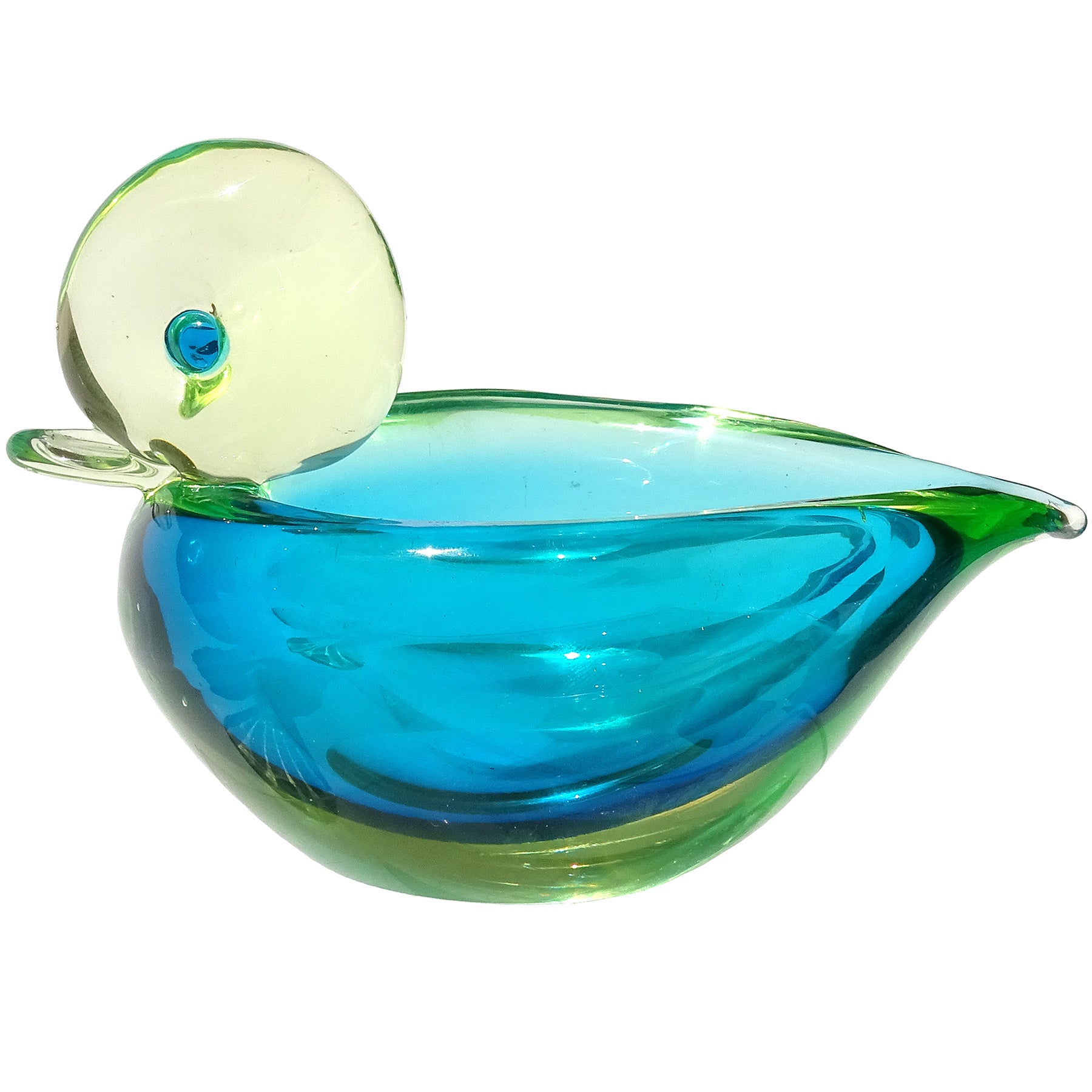 Murano Sommerso Uranium Yellow Blue Green Italian Art Glass Bird Duckling Bowl For Sale