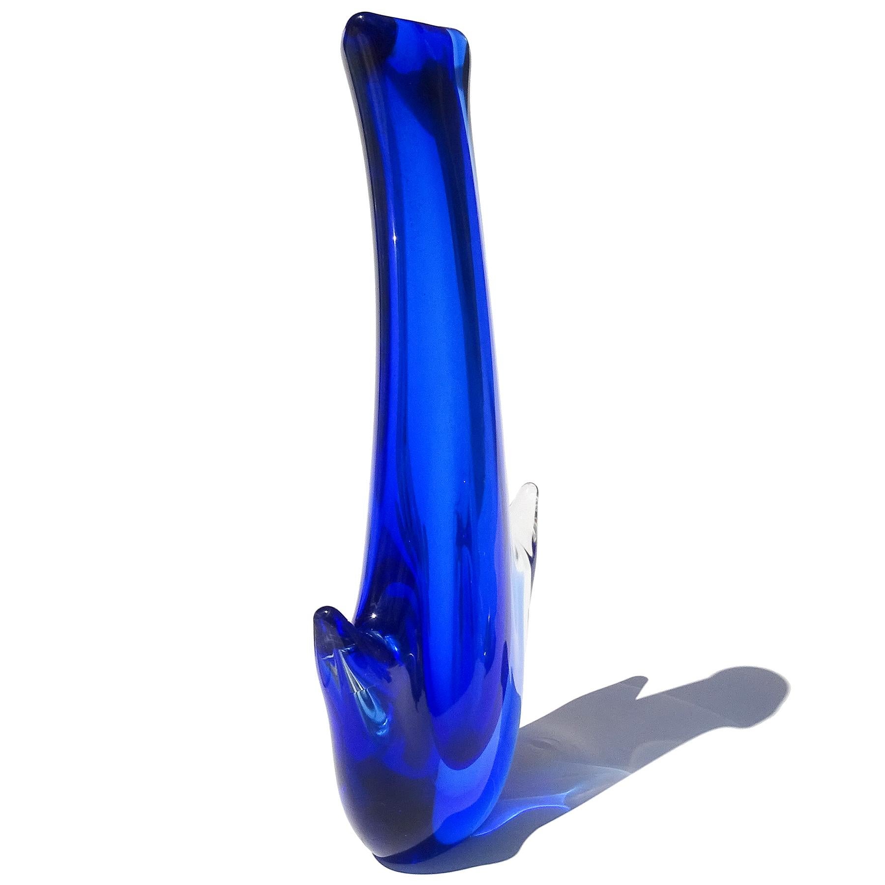 Mid-Century Modern Murano Sommerso Vintage Cobalt Blue Italian Midcentury Art Glass Flower Vase For Sale