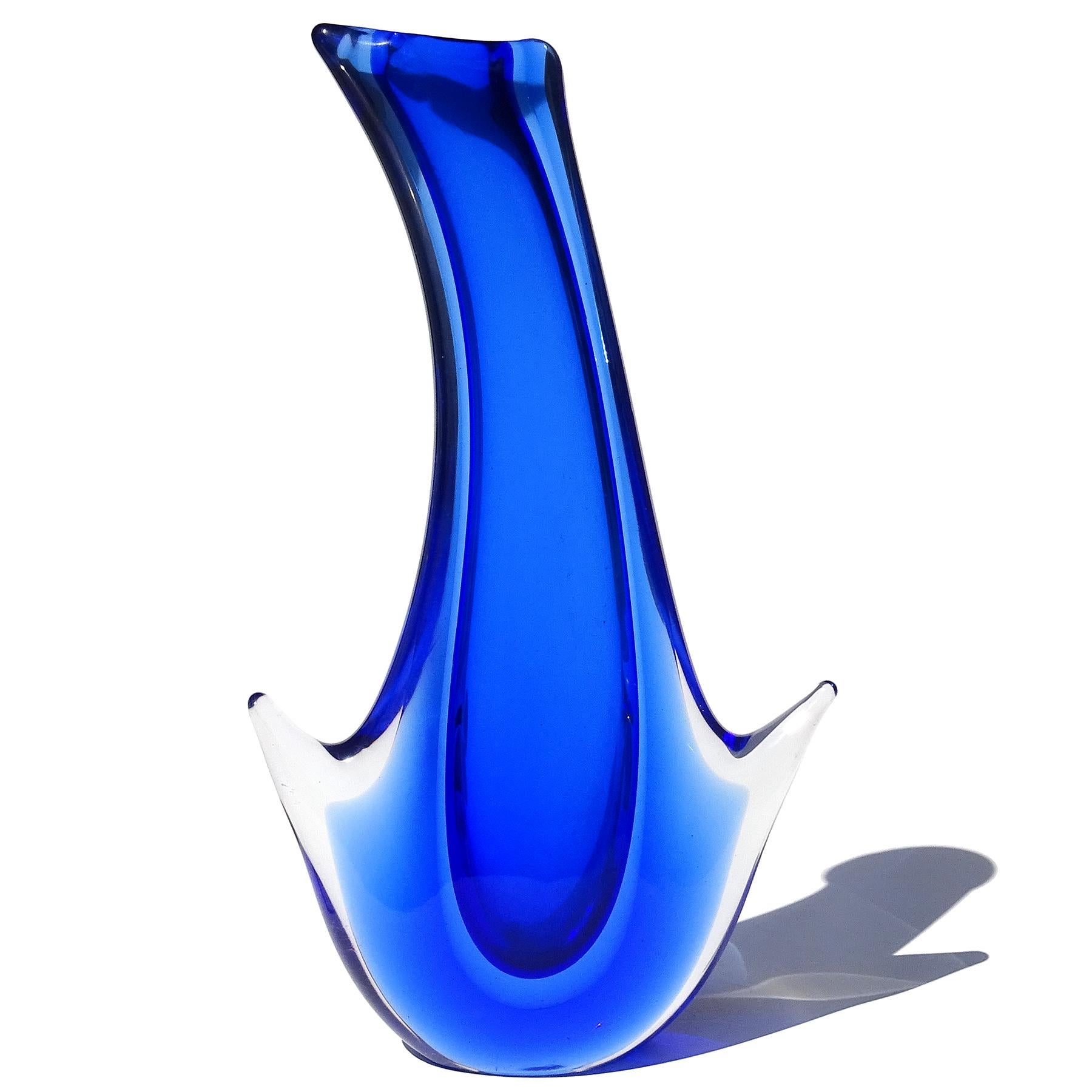 Hand-Crafted Murano Sommerso Vintage Cobalt Blue Italian Midcentury Art Glass Flower Vase For Sale