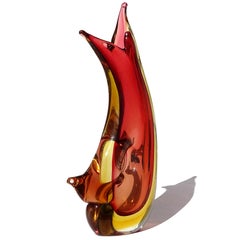 Murano Sommerso Vintage Red Orange Italian Midcentury Art Glass Flower Vase