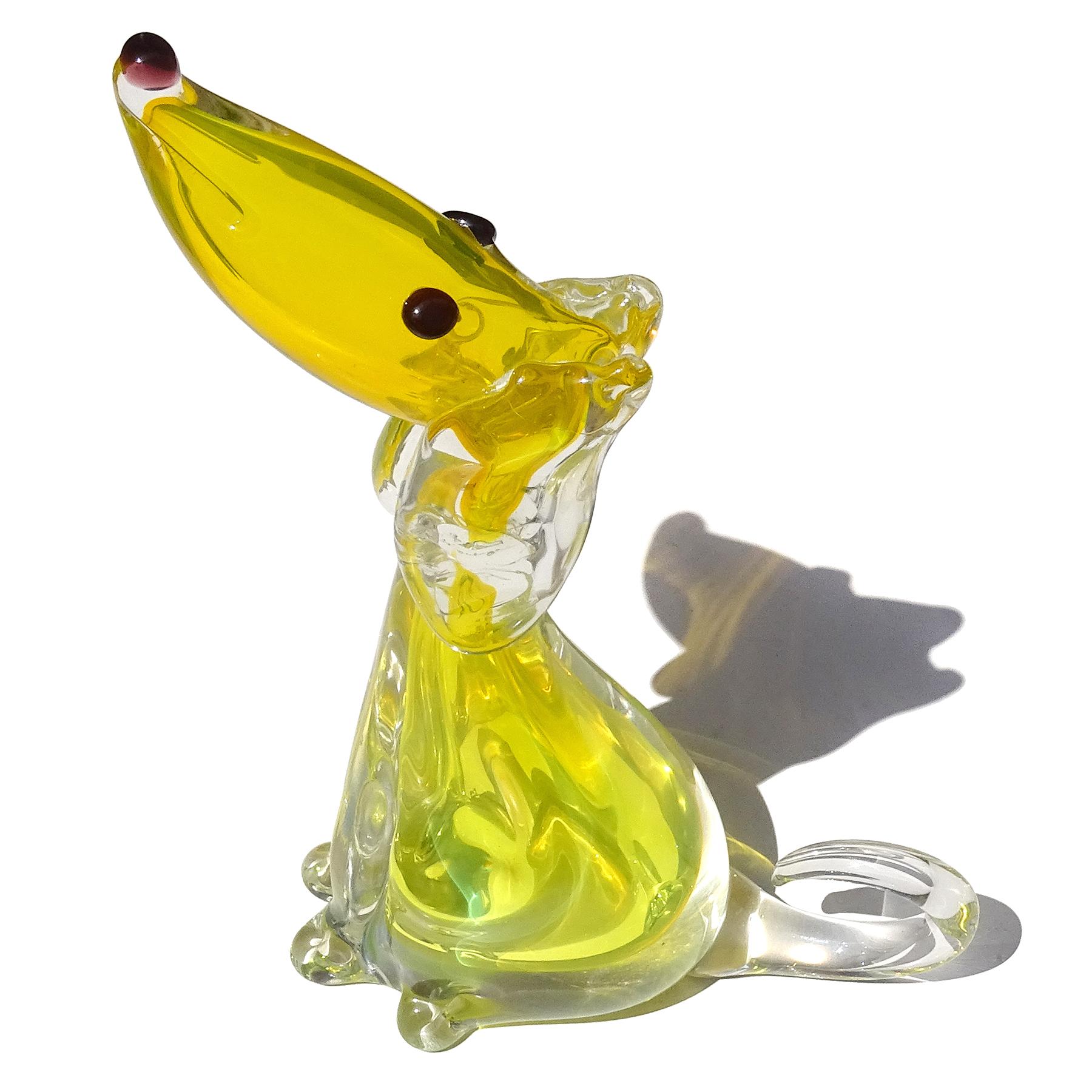 Mid-Century moderno Murano Glass Sommerso Giallo Whippet Levriero Cane Cucciolo Arte Italiana Scultura in vetro in vendita