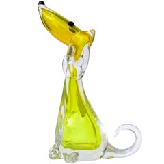 Vintage Murano Sommerso Yellow Whippet Greyhound Puppy Dog Italian Art Glass Sculpture