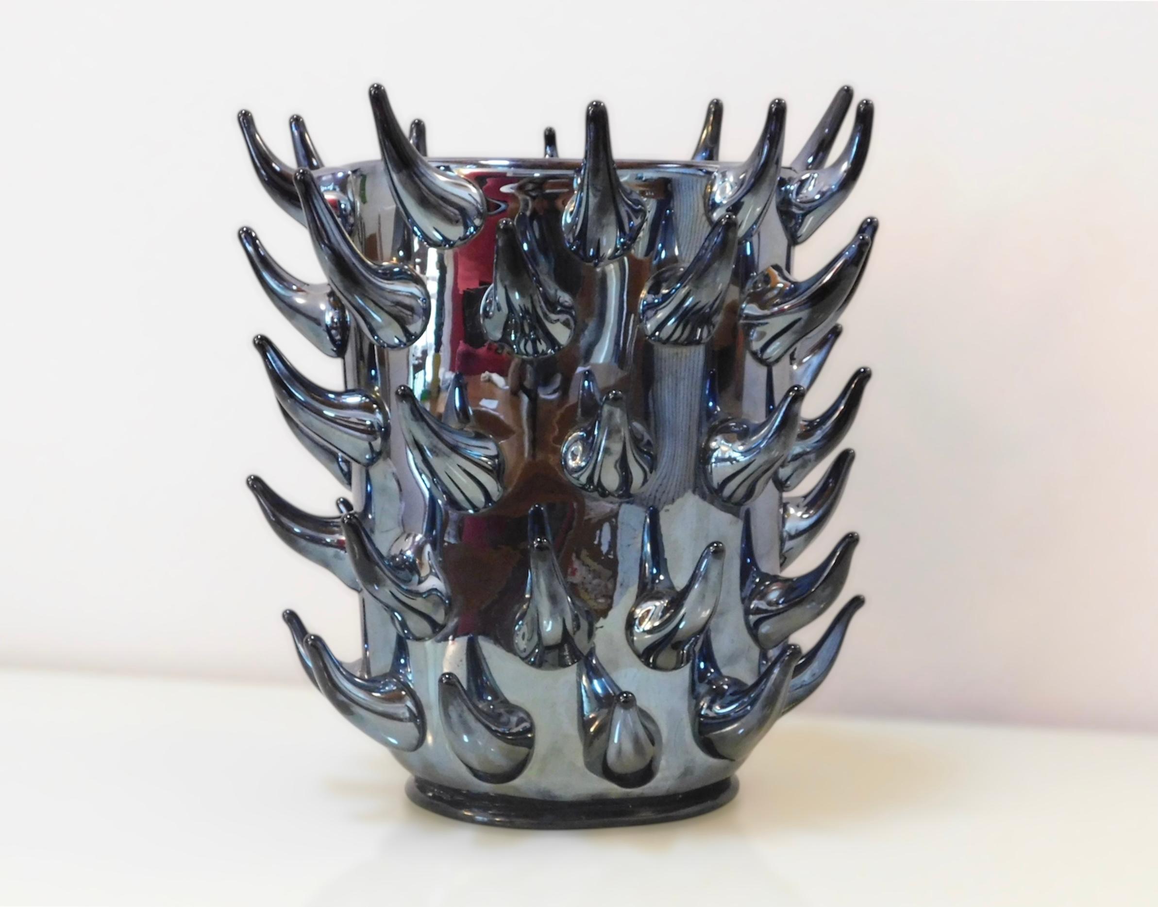 Italian Murano art glass vase with black mirrored surface and hand blown 