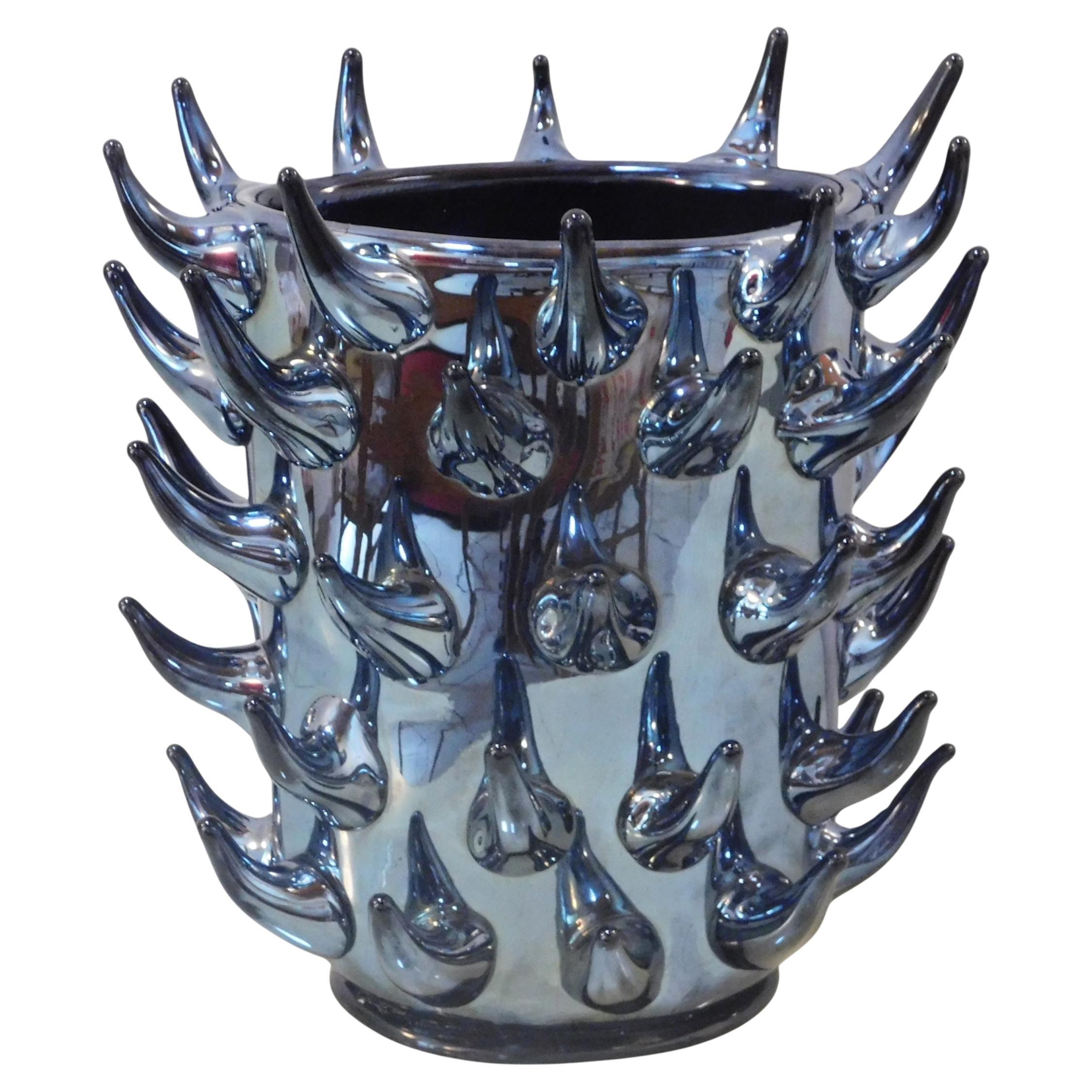 Murano "Spuntoni" Black Mirror Vase by Enrico Cammozzo
