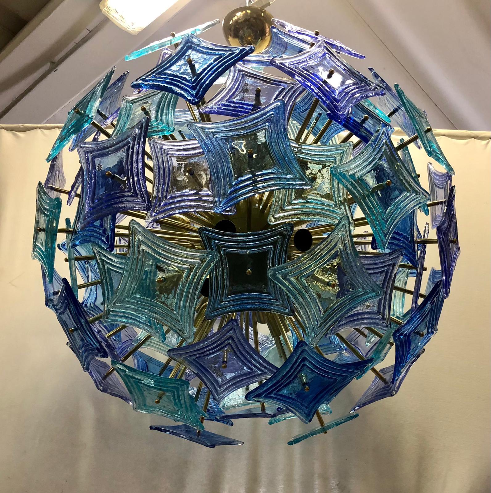 Mid-Century Modern Murano Sputnik Art Glass Blue and Green Color Chandelier and Pendant, 1990 For Sale