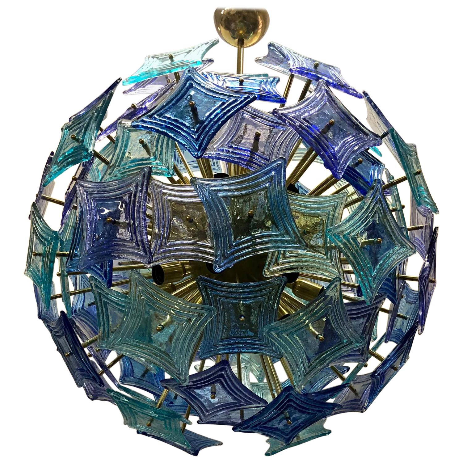 Murano Sputnik Art Glass Blue and Green Color Midcentury Chandelier, 1990
