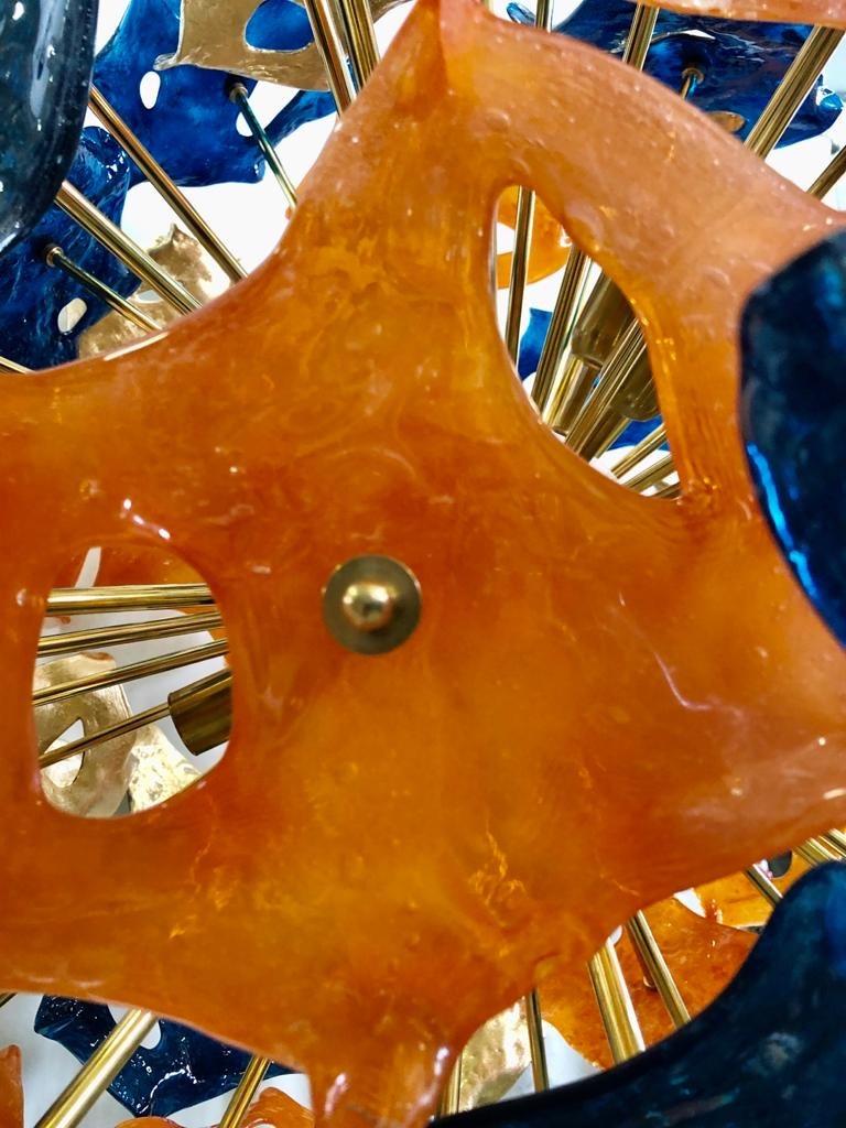 Italian Murano Sputnik Art Glass Blue Orange and Gold Color Midcentury Chandelier, 1990