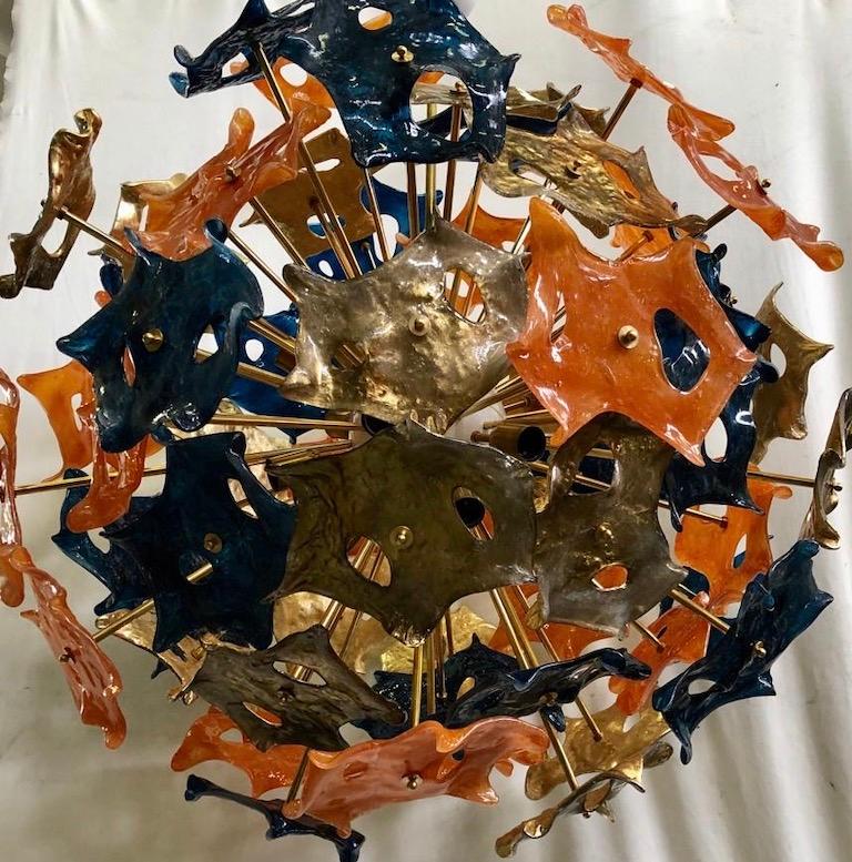 Brass Murano Sputnik Art Glass Blue Orange and Gold Color Midcentury Chandelier, 1990