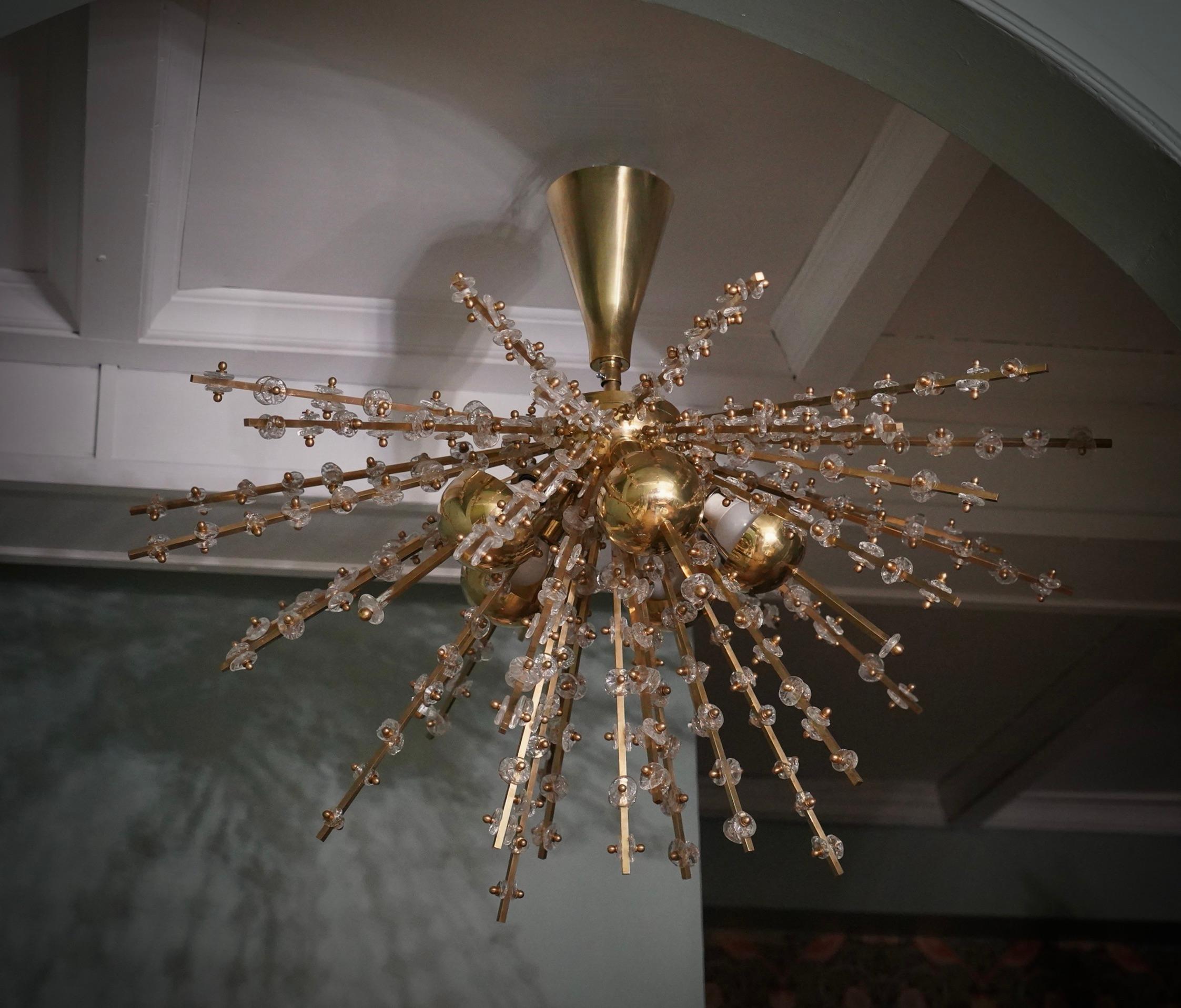 Murano Sputnik Art Glass Brass Transparent Color Chandelier and Pendant, 1990 (Moderne der Mitte des Jahrhunderts) im Angebot