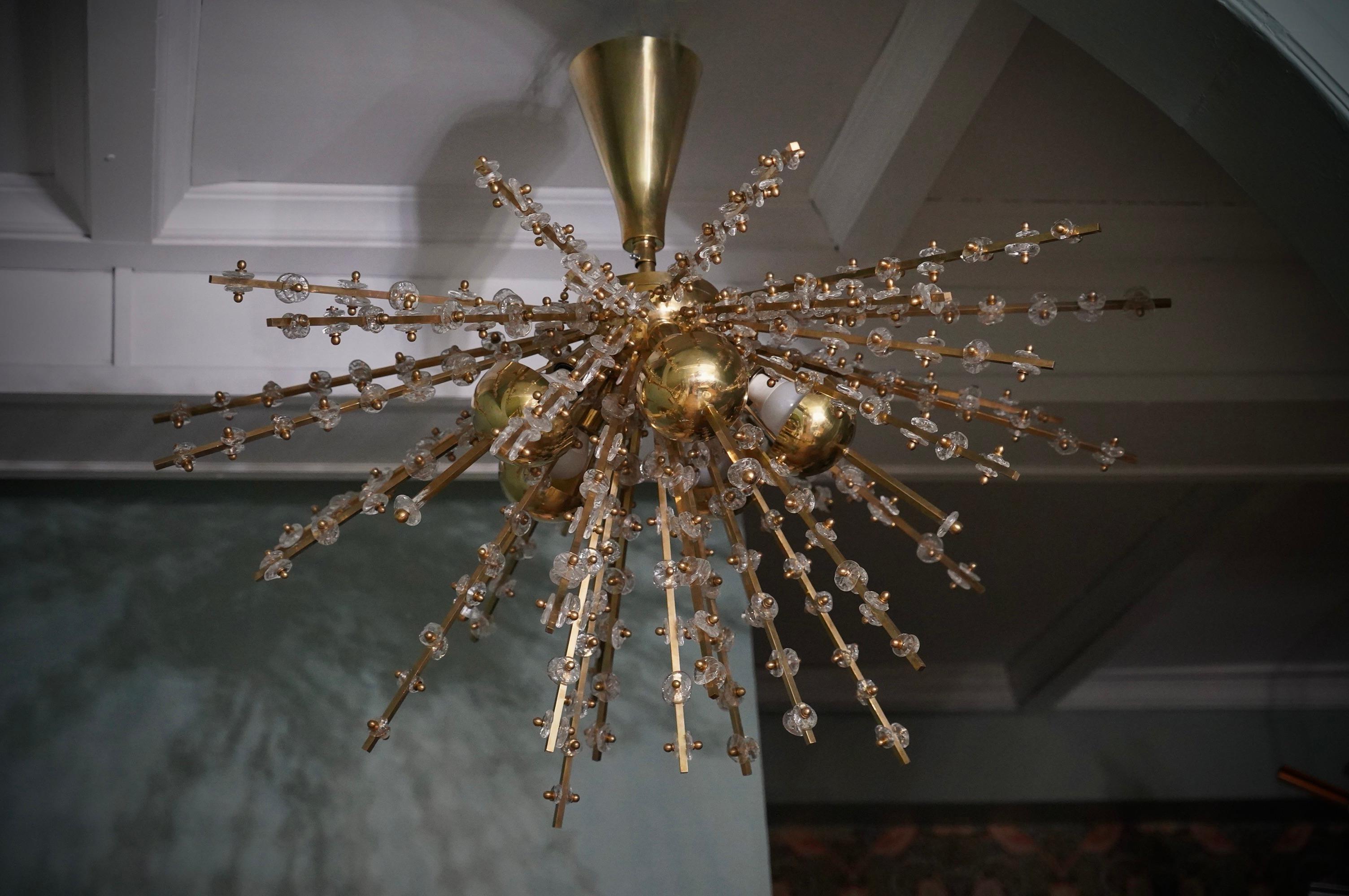 Murano Sputnik Art Glass Brass Transparent Color Chandelier and Pendant, 1990 (Italienisch) im Angebot