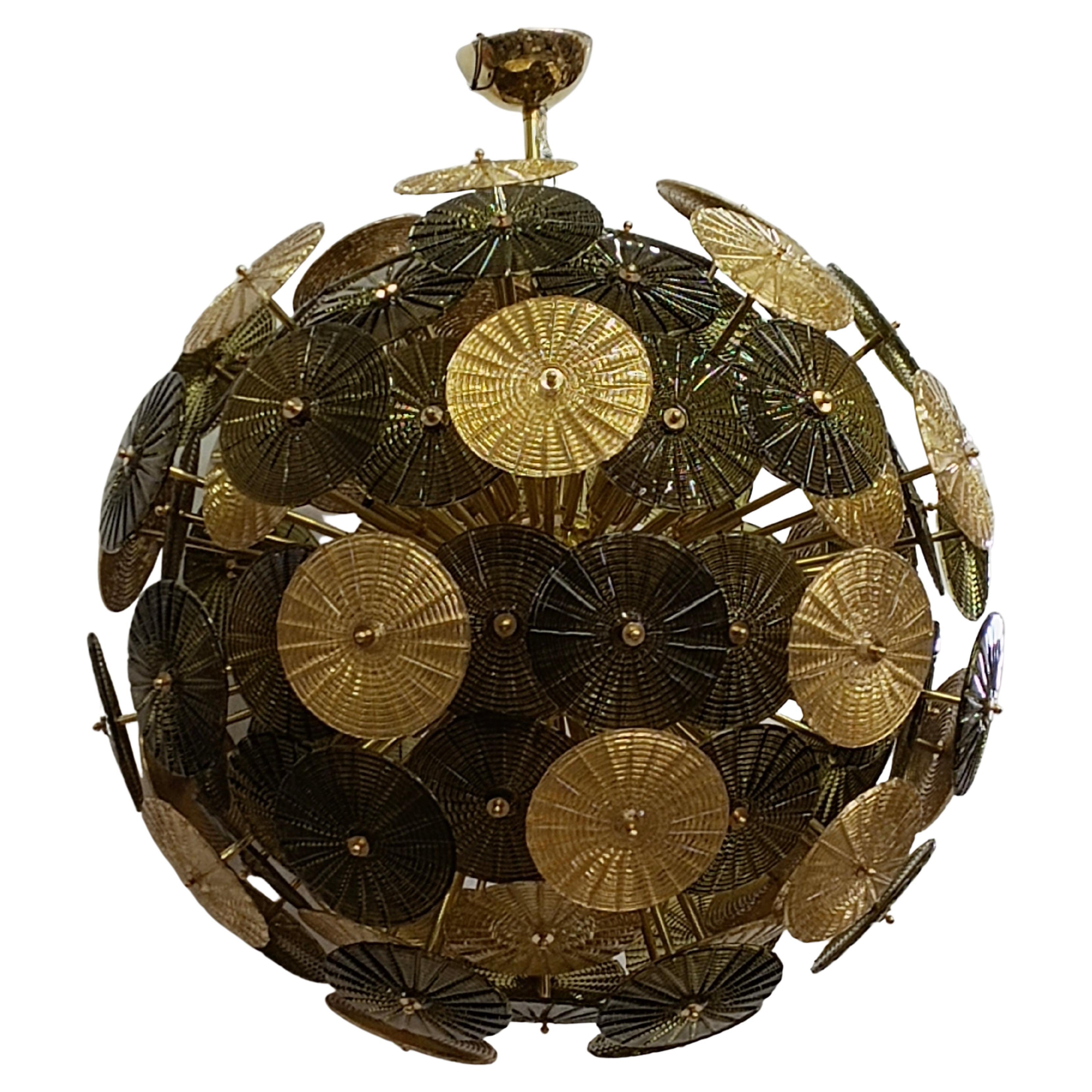 Murano Sputnik-Kronleuchter aus Kunstglas in Gold und olivgrüner Farbe aus der Mitte des Jahrhunderts, 2000