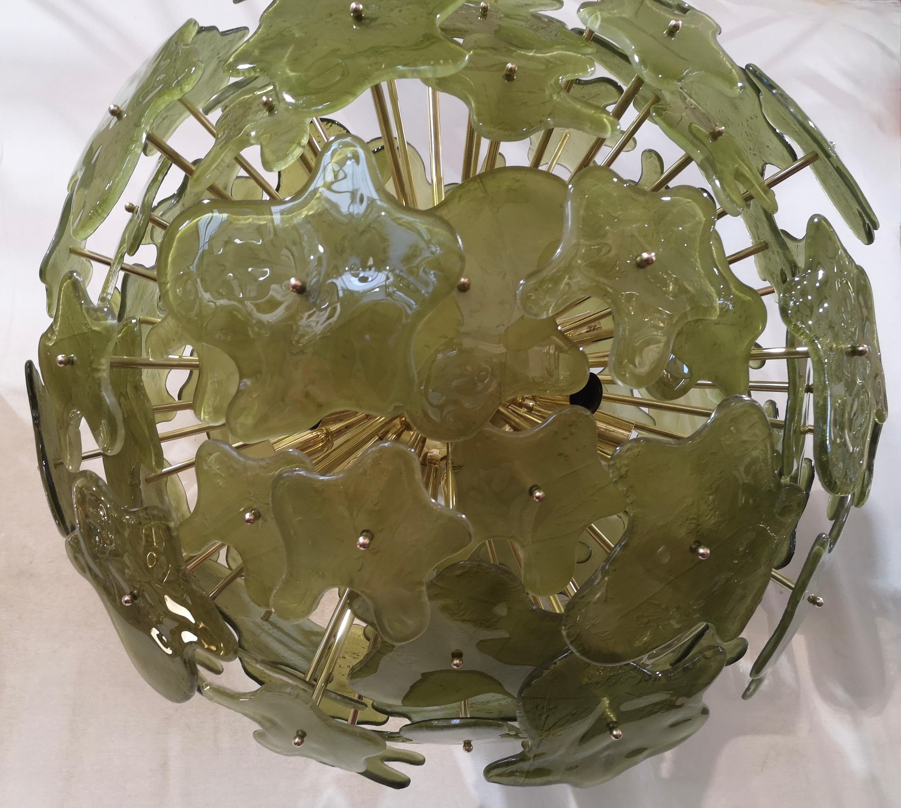 Brass Murano Sputnik Art Glass Green Color Midcentury Chandelier, 2000 For Sale