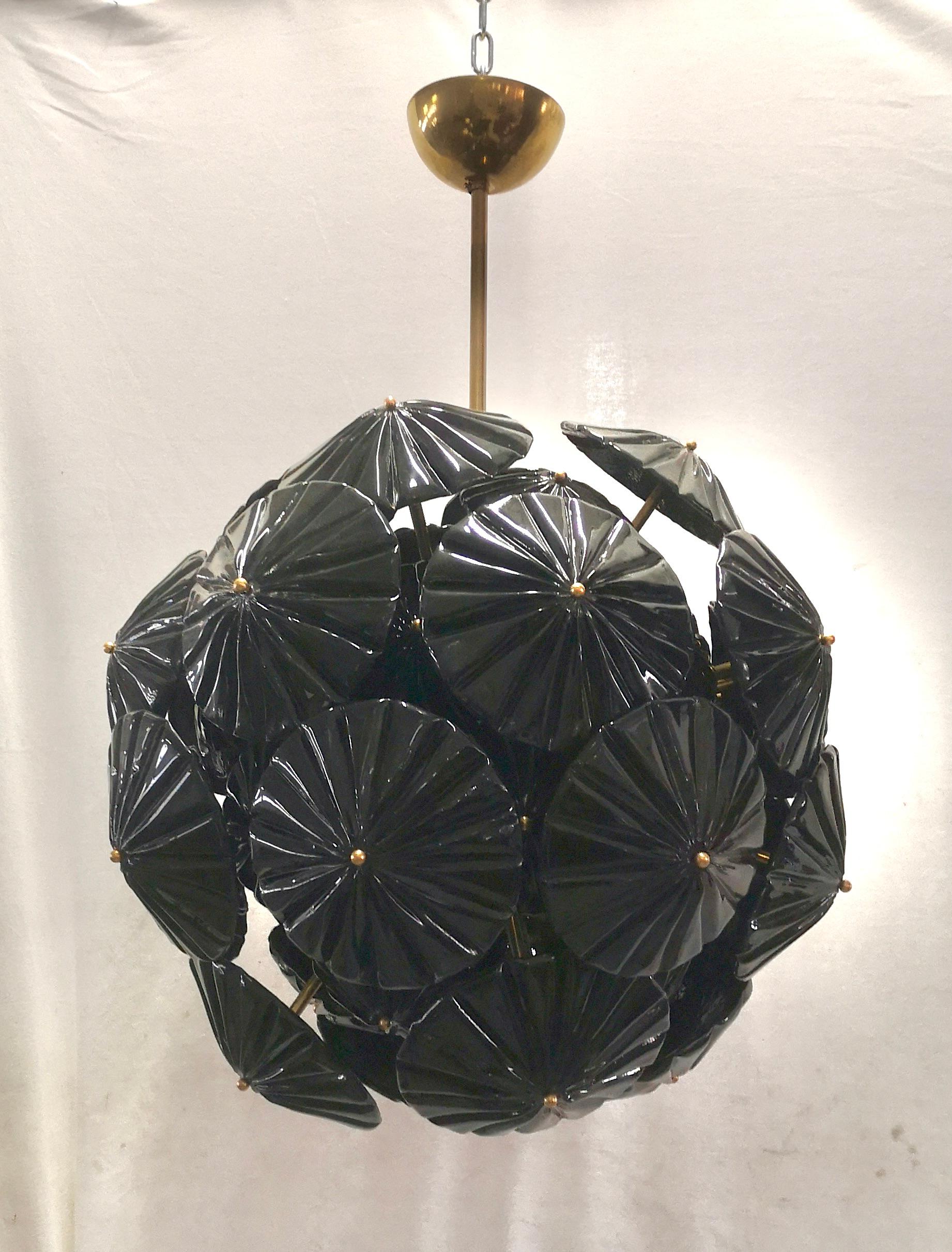 Brass Murano Sputnik Black Color Art Glass Midcentury Chandelier, 2000 For Sale