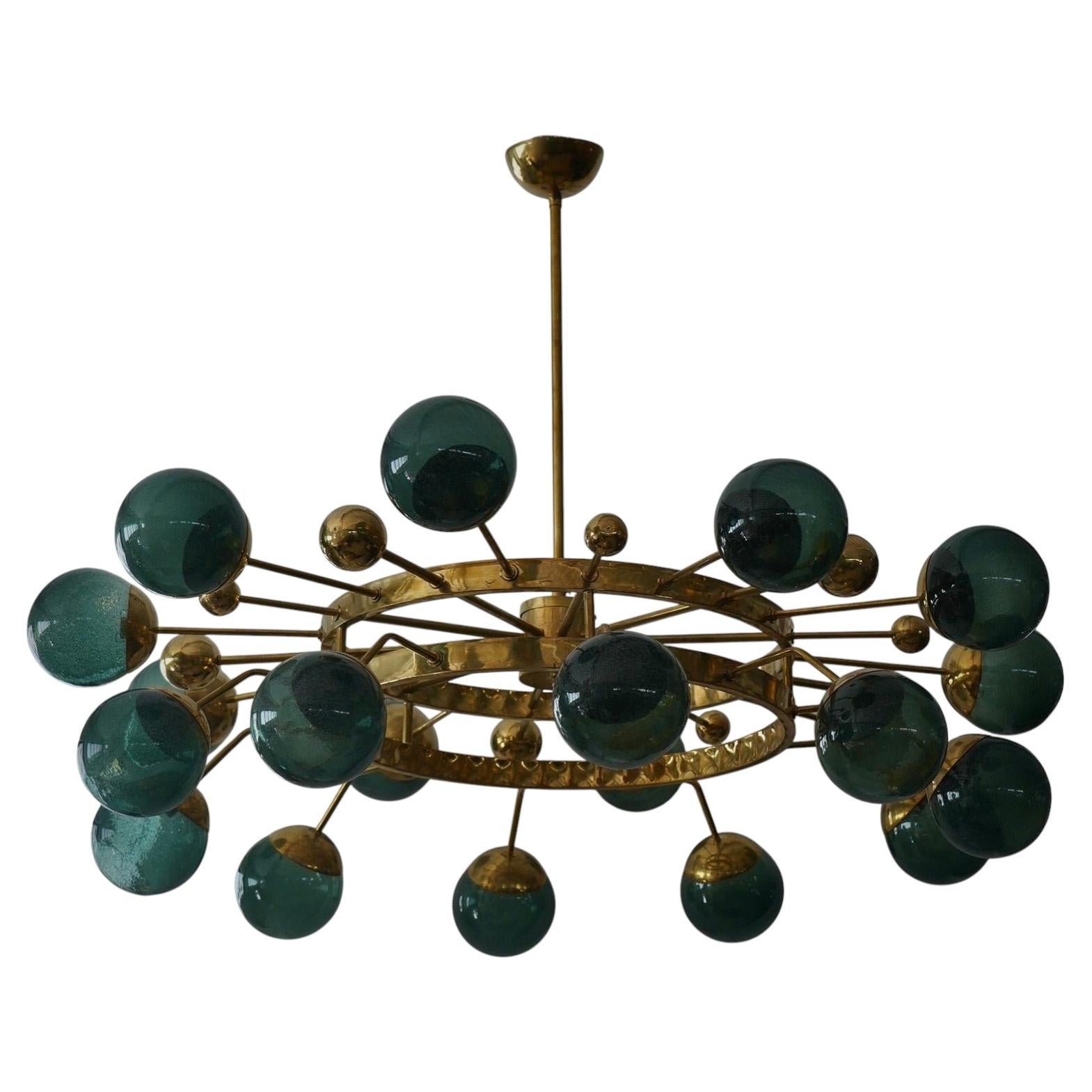 Murano Sputnik Green Art Glass and Brass Art Deco Chandelier and Pendant, 2020