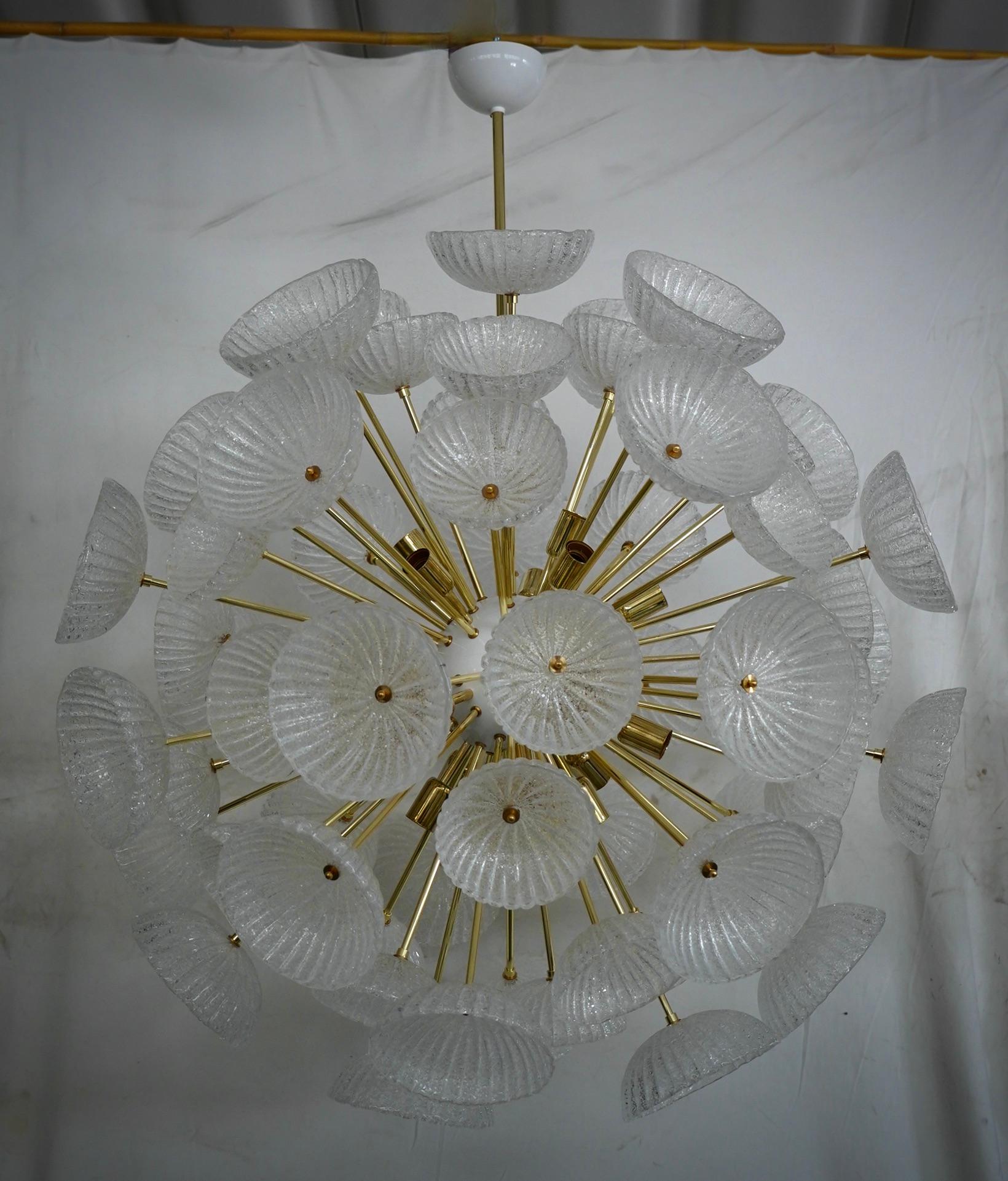 Large glass flowers make up this beautiful Murano chandelier. A classic mid-century Sputnik.

Composed of a large central sphere in which brass rods are screwed, above which glass leaves are positioned. It has 18 light points. The color is ice