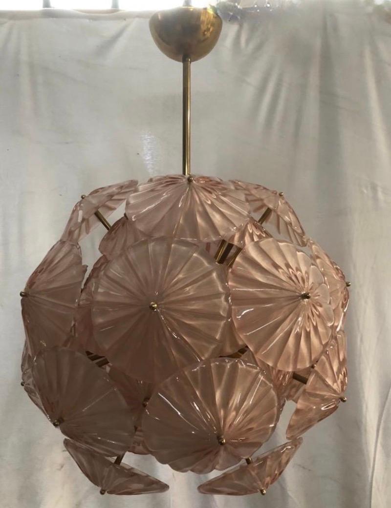 Brass Murano Sputnik Pink Color Art Glass Midcentury Chandelier, 2000 For Sale