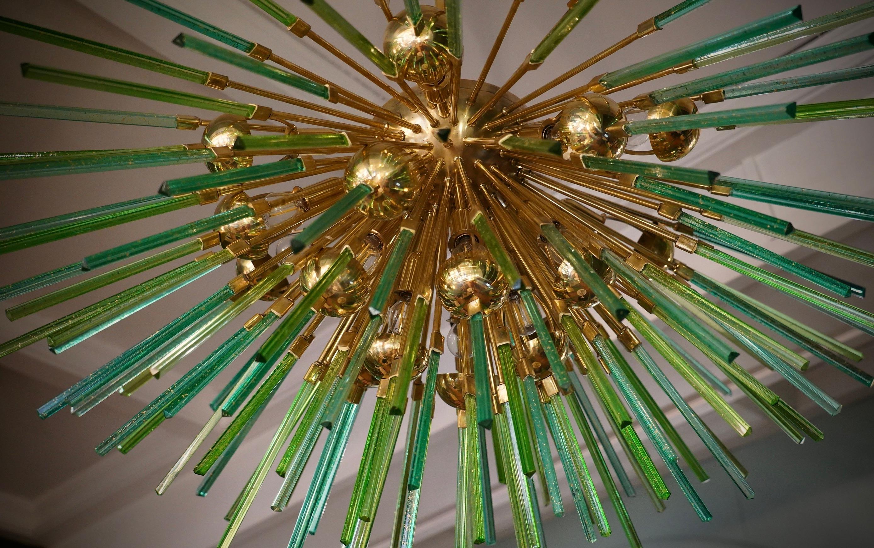 Murano Sputnik Semi Spherical Green Glass and Brass Chandelier, 1990 4
