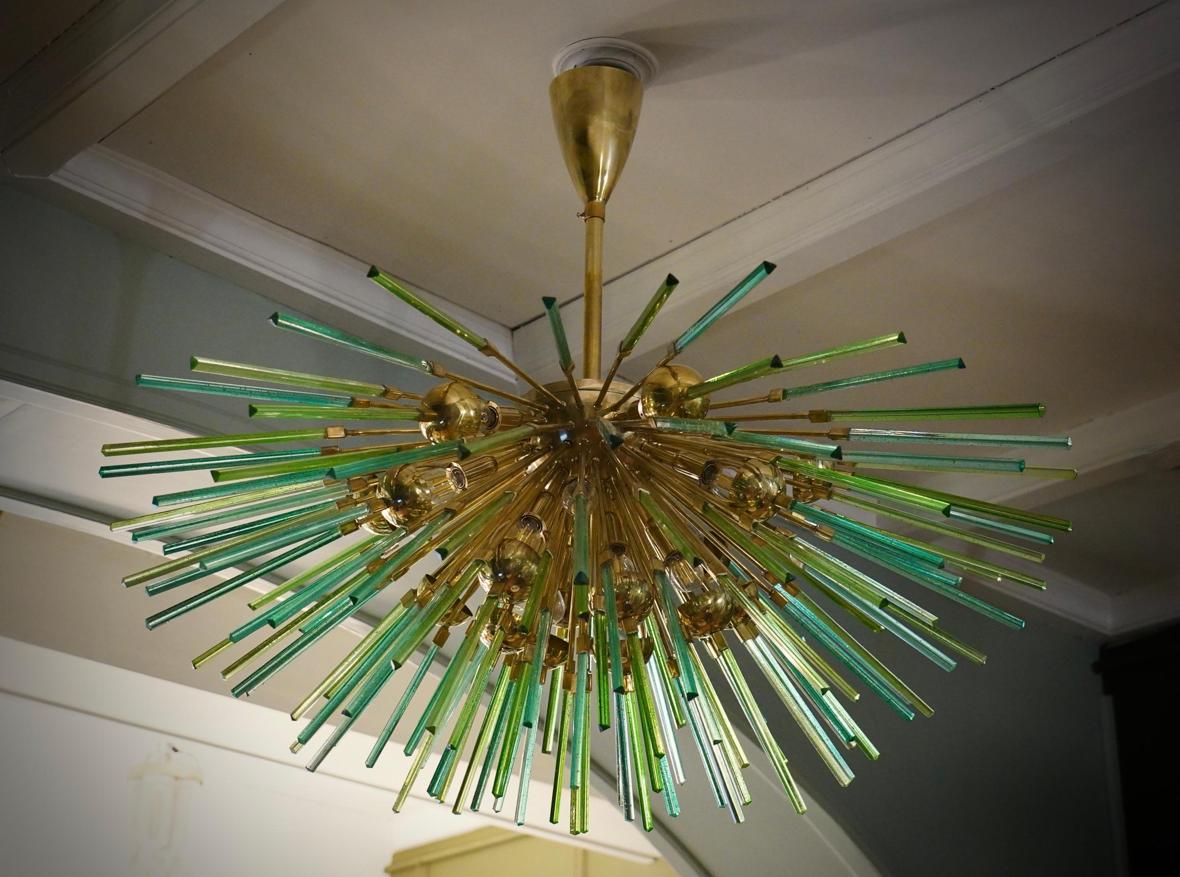Murano Sputnik Semi Spherical Green Glass and Brass Chandelier, 1990 5