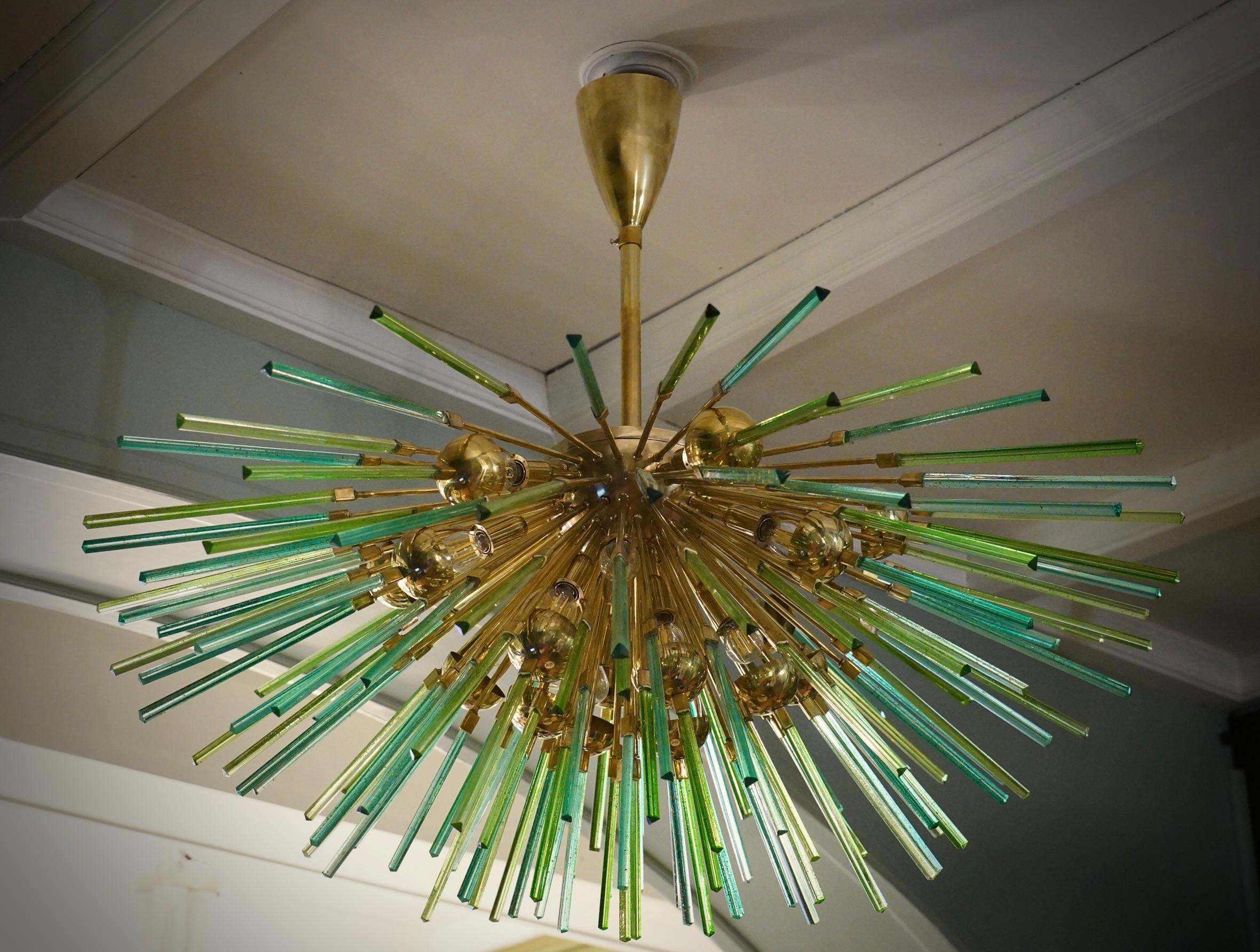 Mid-Century Modern Murano Sputnik Semi Spherical Green Glass and Brass Chandelier, 1990