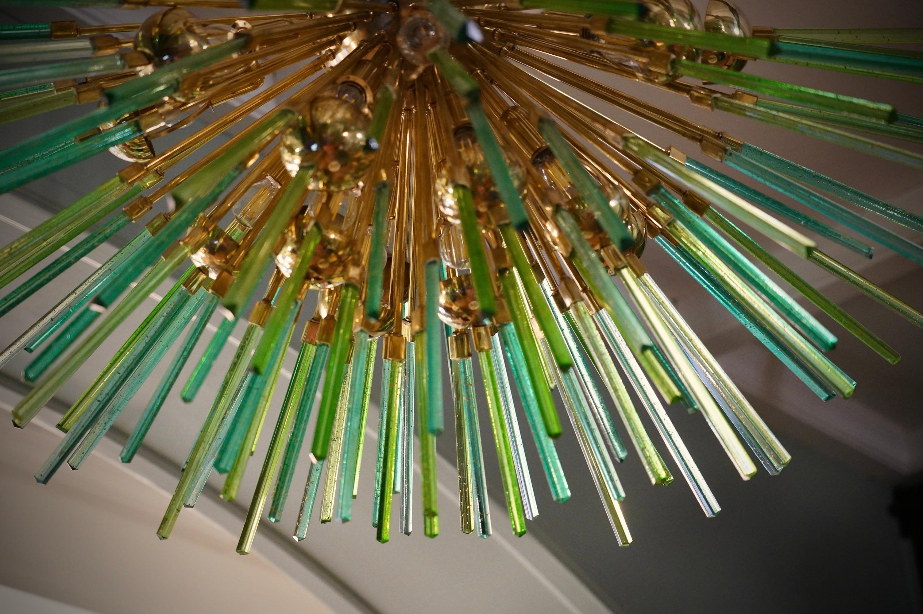 Italian Murano Sputnik Semi Spherical Green Glass and Brass Chandelier, 1990