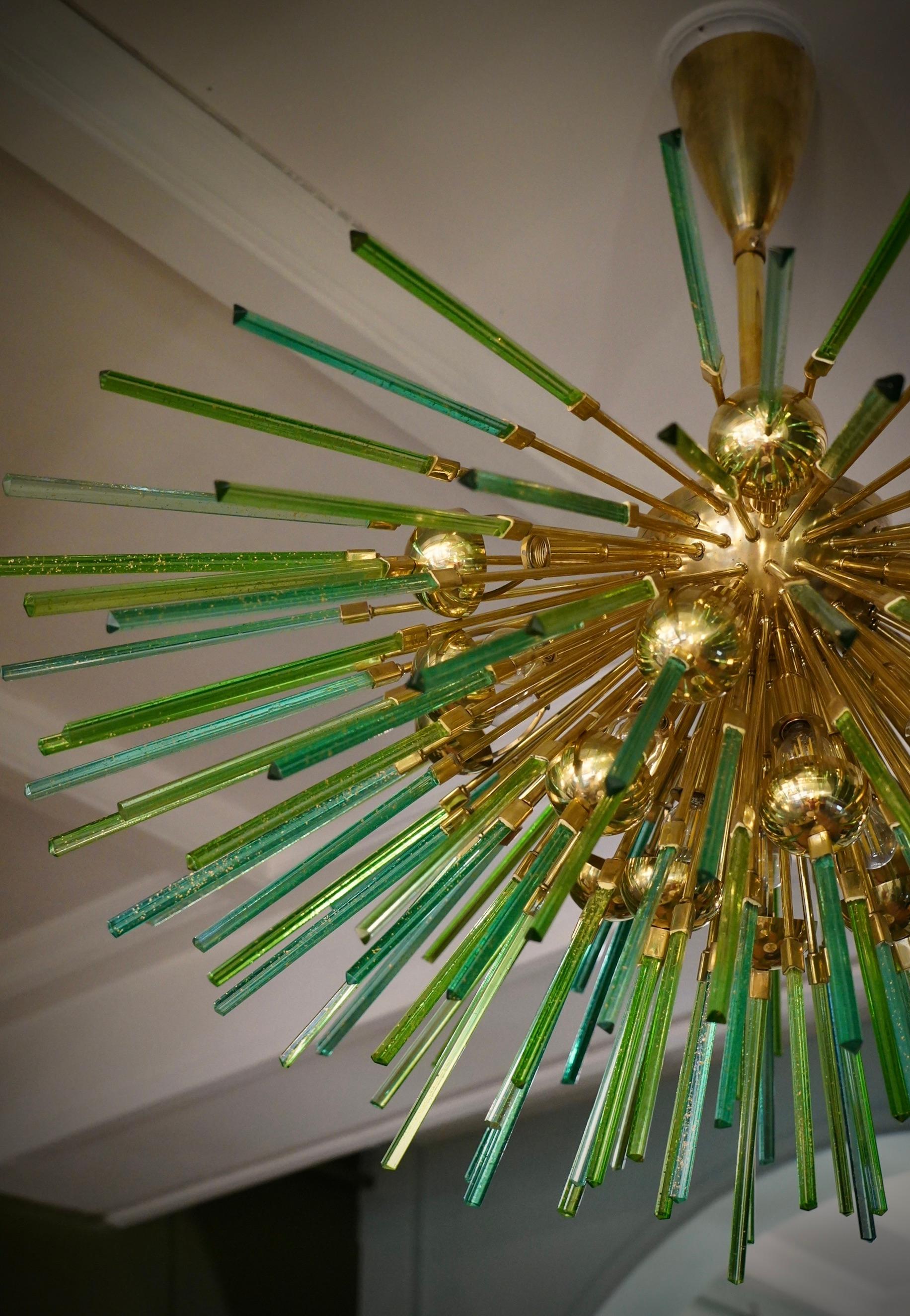 Late 20th Century Murano Sputnik Semi Spherical Green Glass and Brass Chandelier, 1990