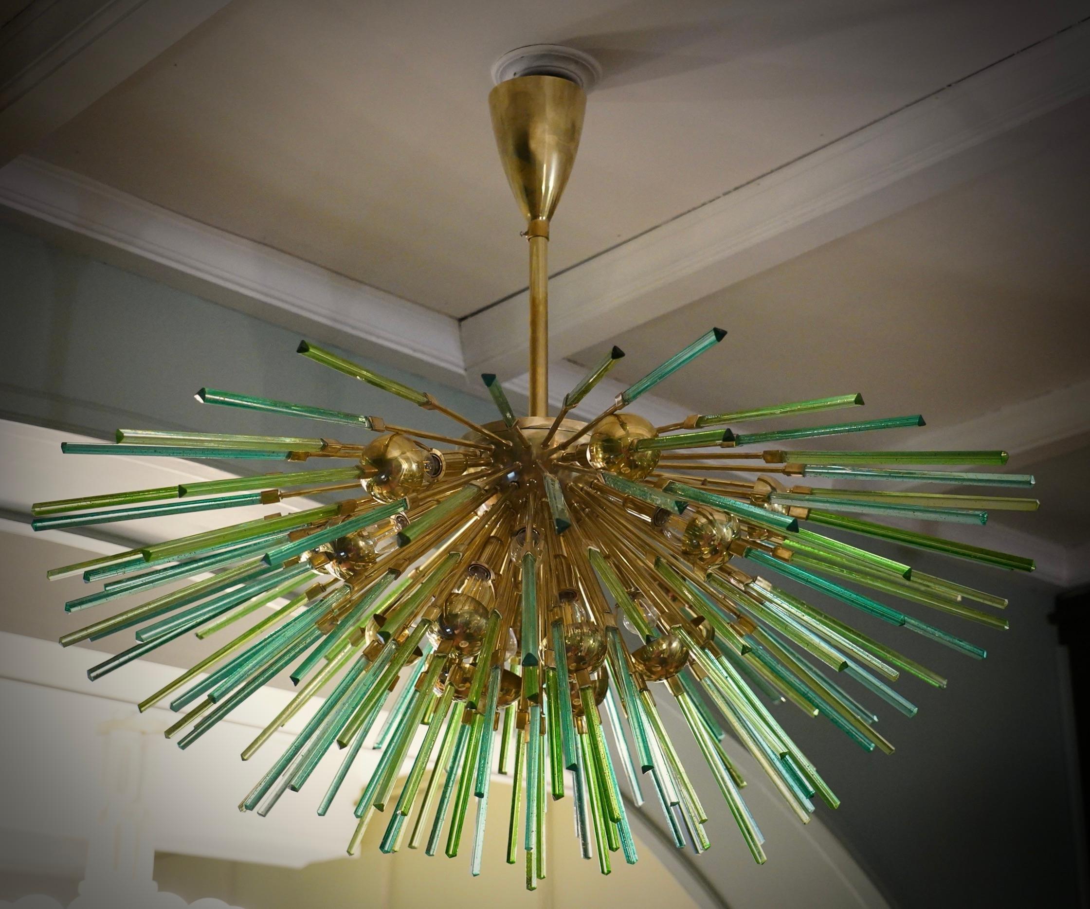 Murano Sputnik Semi Spherical Green Glass and Brass Chandelier, 1990 1