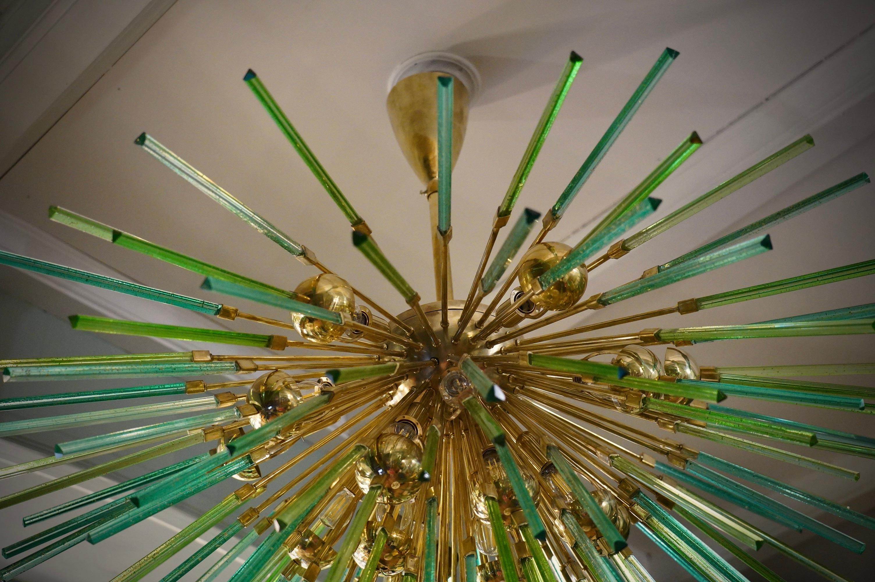 Murano Sputnik Semi Spherical Green Glass and Brass Chandelier, 1990 2