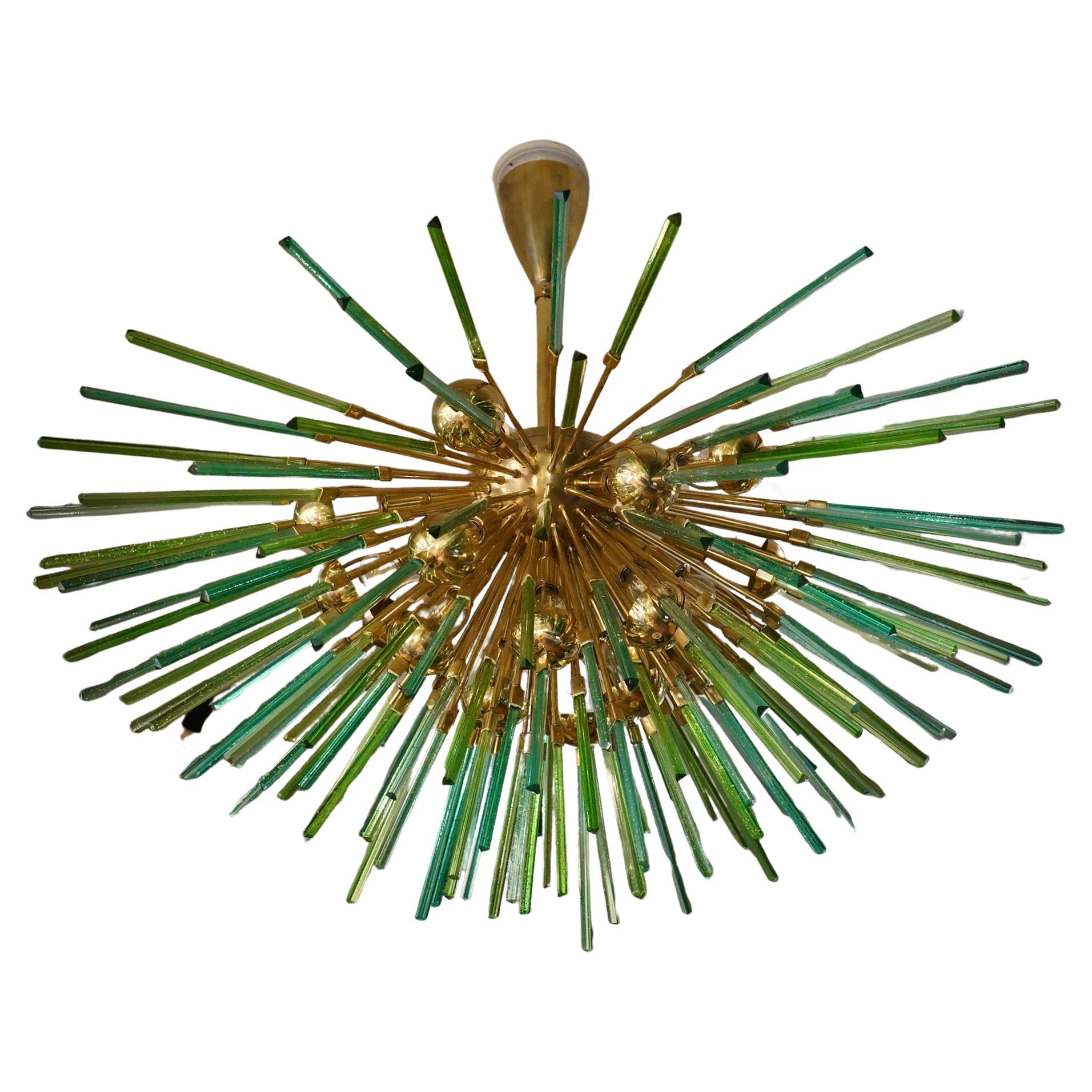 Murano Sputnik Semi Spherical Green Glass and Brass Chandelier, 1990