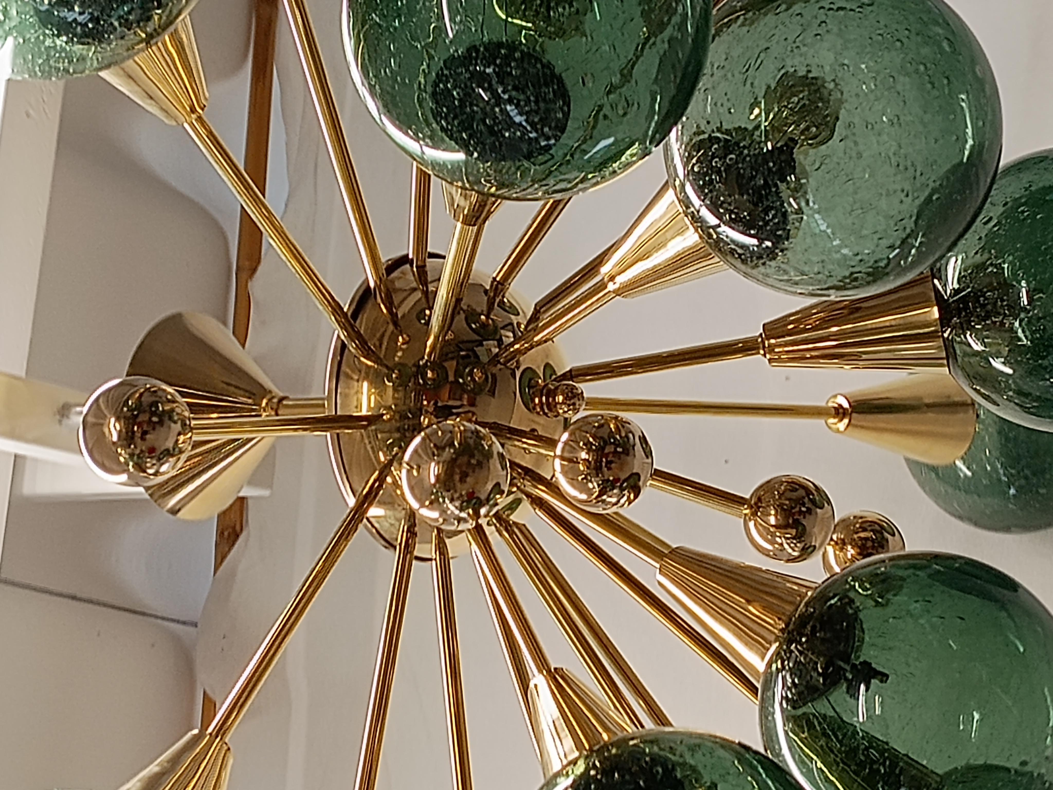 Murano Sputnik Spherical Green Glass and Brass Chandelier, 1990 For Sale 2