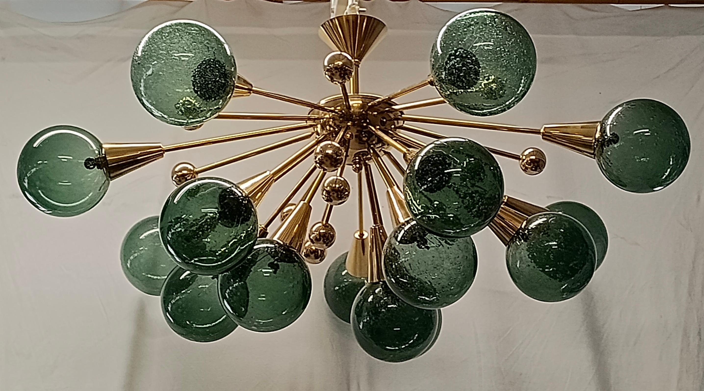 Italian Murano Sputnik Spherical Green Glass and Brass Chandelier, 1990 For Sale