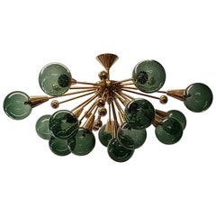 Murano Sputnik Spherical Green Glass and Brass Chandelier, 1990