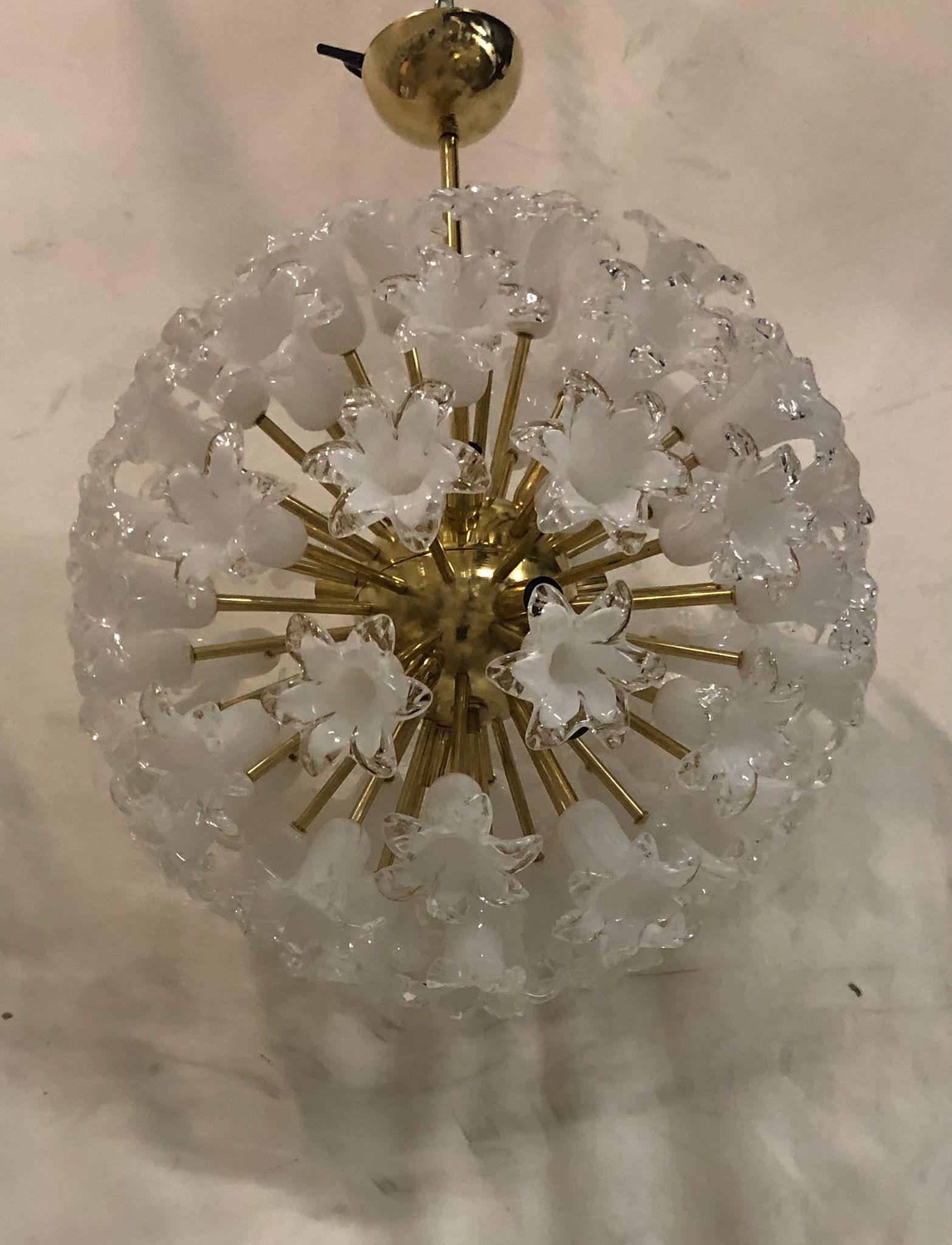 Brass Murano Sputnik White Flowers Art Glass Midcentury Chandelier, 1980 For Sale