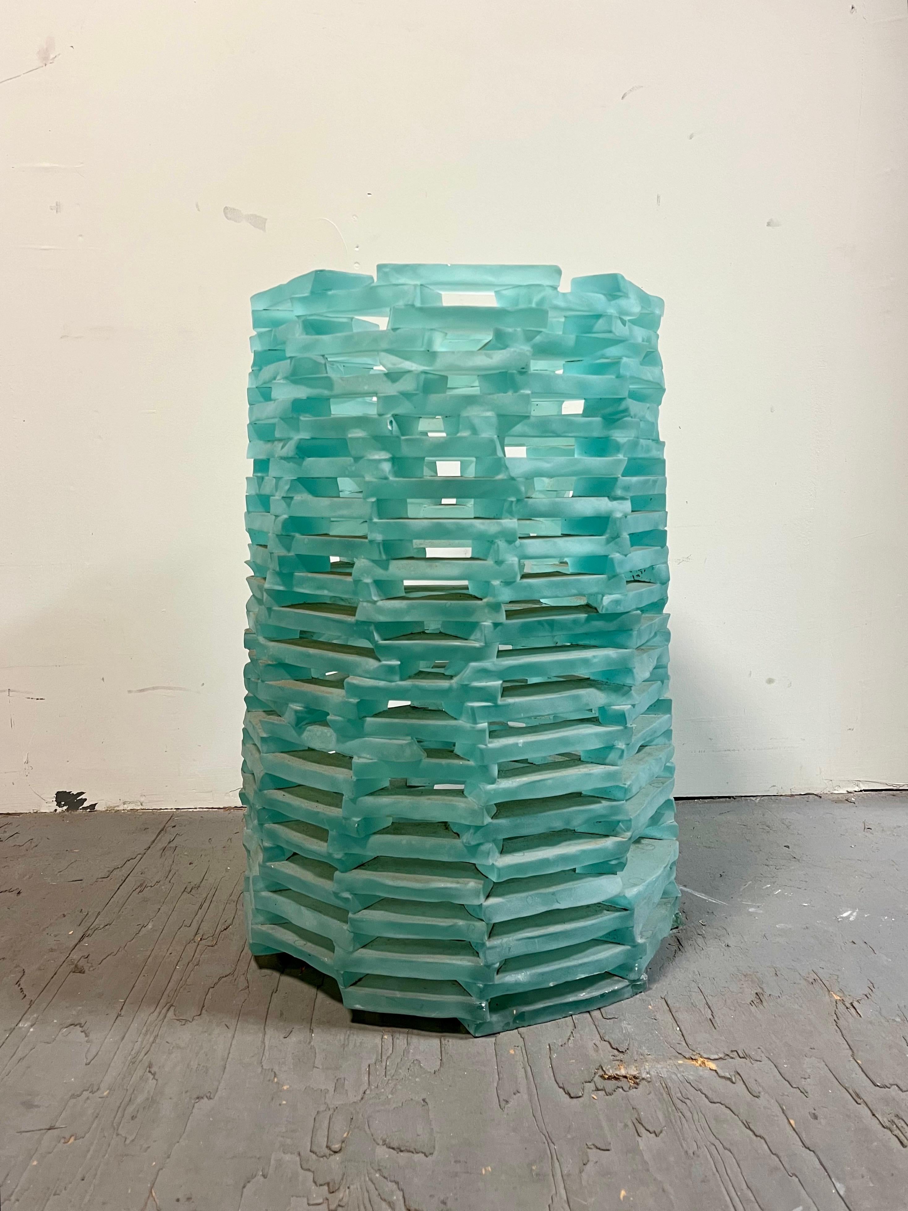  Stacked Glass Gueridon Ice Block Demilune Console Table. Frosted fused glass block base with frosted rim demilune glass top with a striking presence.