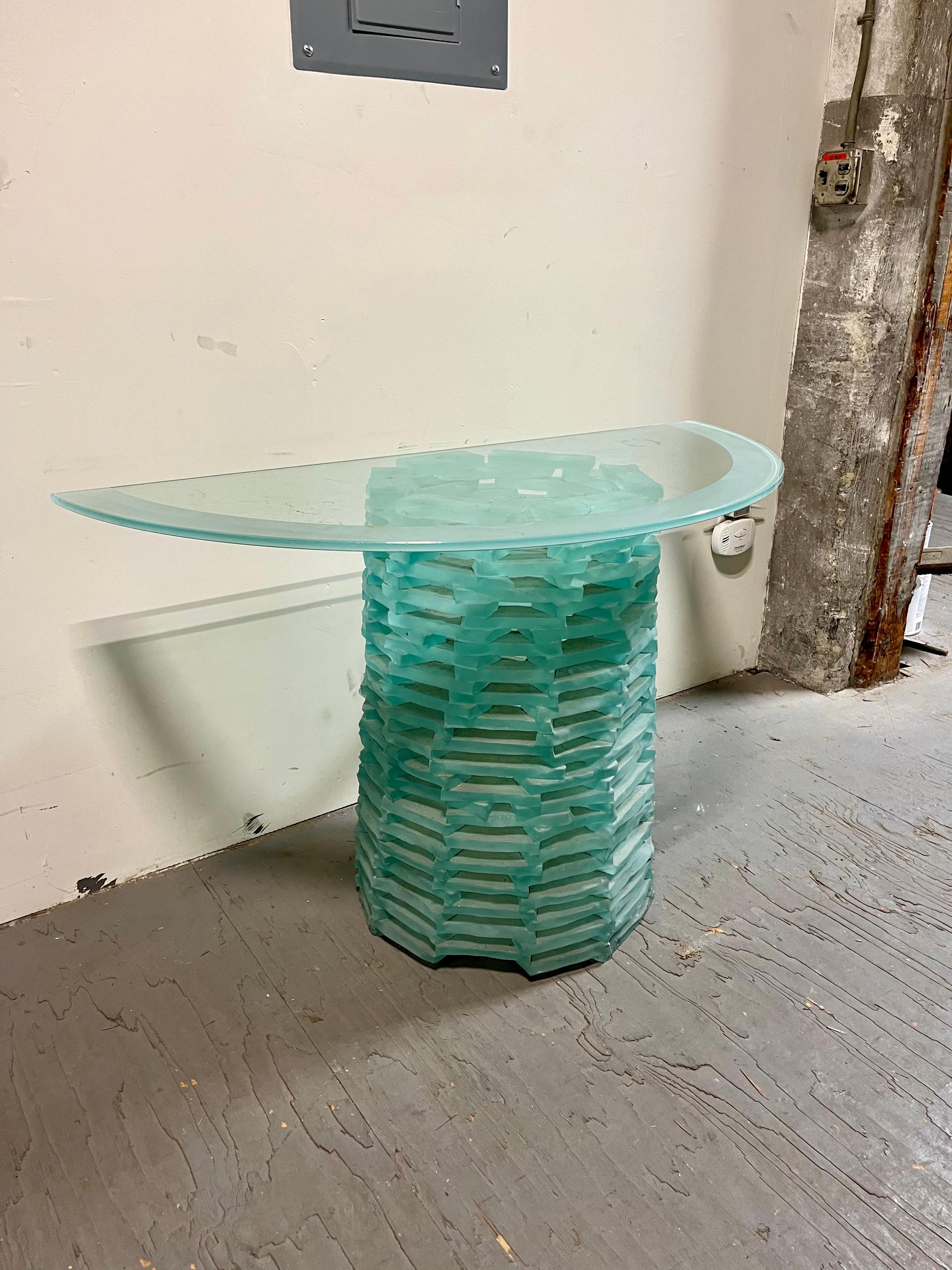Italian Murano Stacked Glass Block Gueridon Demilune Console Table For Sale